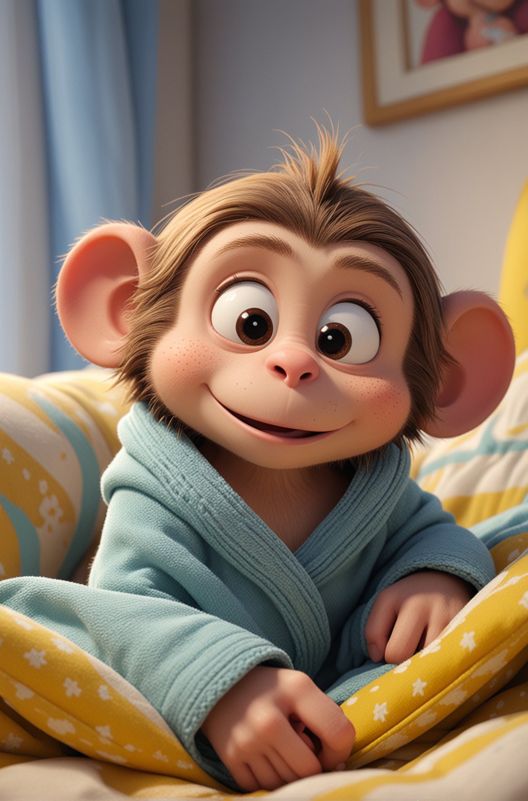 Cute cartoon style of a adorable little colourful Monkey, snuggled, curled up, smiling, sleeping with a little blanket, tiny bedroom, on a bed under the blanket, ethereal, soft, detailed, beautiful, cosy, cute, Pixar, snoozing, 3D render, UHD