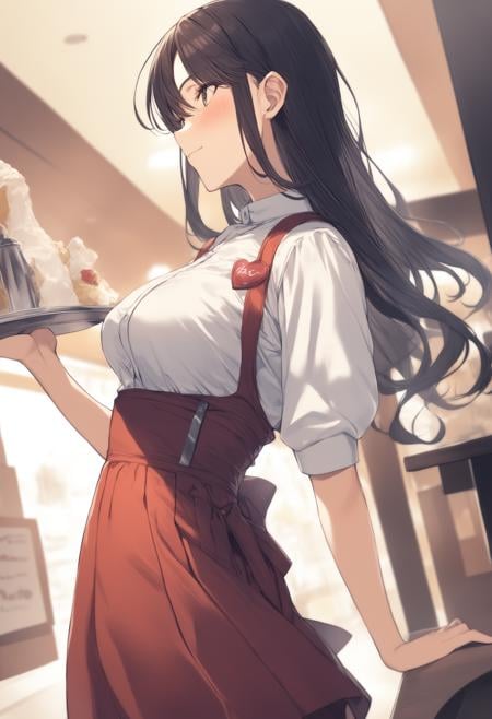 1girl, <lora:sdxl2-flat2-512b:-1>,medium breasts,solo,<lora:annamillerXLv2:0.8>,anna miller ,waitress,name tag,high-waist skirt,suspender skirt, apron,from side, cinematic angle, looking up, doyagao,  closed mouth,restaurant,best quality,medium quality,