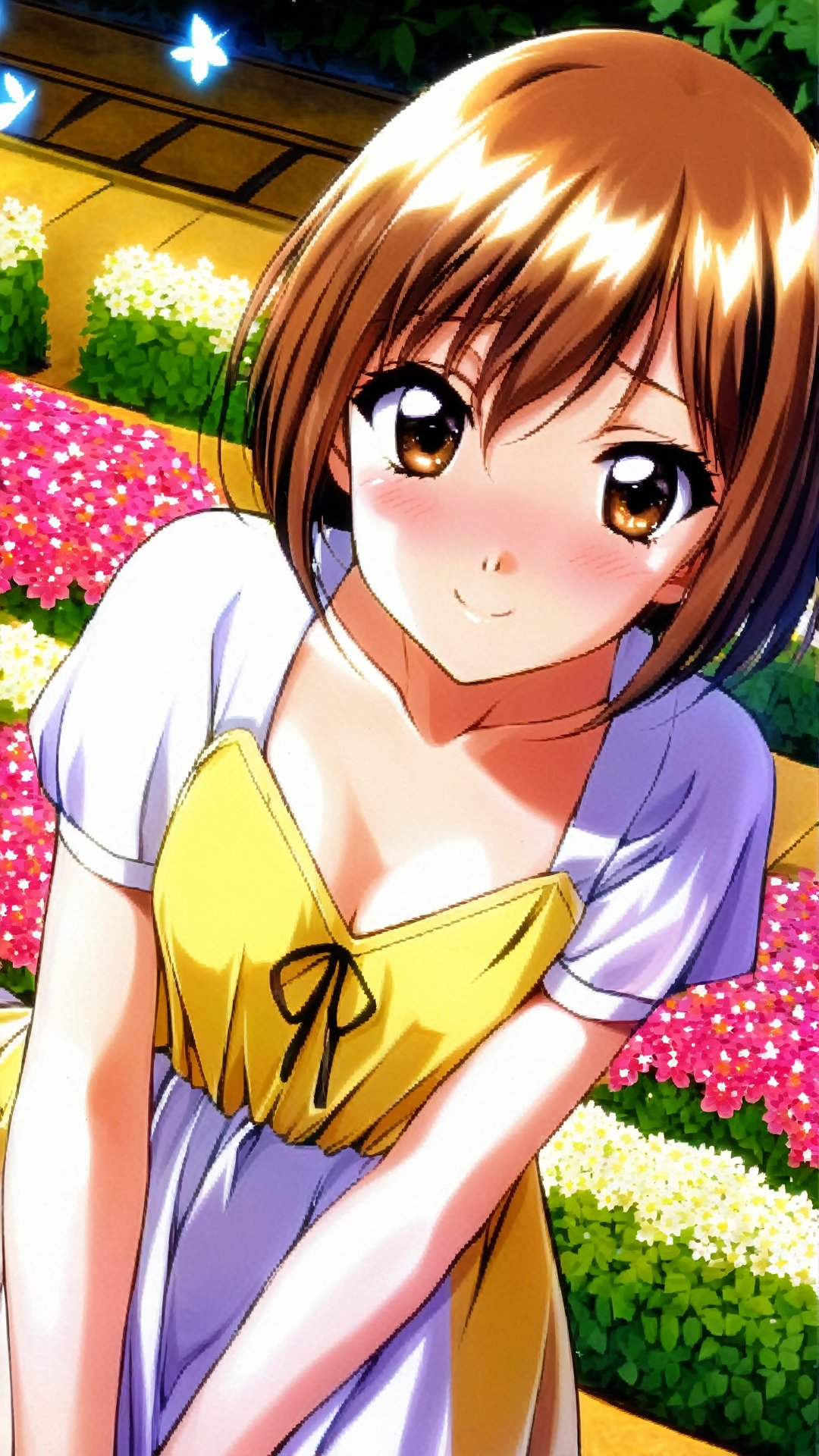 Hoshino Asuka, Bob Cut, Brown Hair, Yellow Ribbon, Brown Eyes,summer dress, (nsfw), (uncensored), (score_9), score_8_up, score_7_up, score_6_up, score_5_up, source_anime, cowboy shot, dynamic pose, 1 girl, solo, happy smile joy, blush, ashamed, shy, sexy, charming, alluring, seductive, enchanting, erotic,((outdoors)), ((flower garden)), ((flowers)), ((many flowers)), spring petals, petals of flowers, spring, falling petals, flying butterflies<lora:EMS-381990-EMS:0.800000>