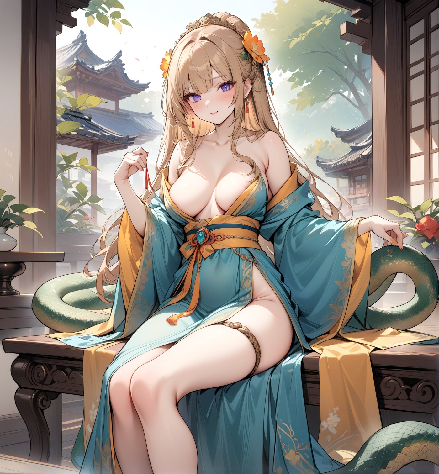 1 girl,snake tail,beautiful,antique,Hanfu,sexy figure,tube chest,masterpiece,