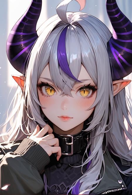 score_9, score_8_up, score_7_up, 1girl, solo, long hair, looking at viewer, blush, bangs, long sleeves, hair between eyes, closed mouth, jacket, yellow eyes, upper body, purple hair, ahoge, grey hair, multicolored hair, horns, pointy ears, virtual youtuber, collar, lips, streaked hair, sleeves past wrists, slit pupils, demon horns, sleeves past fingers, striped horns, la+ darknesss