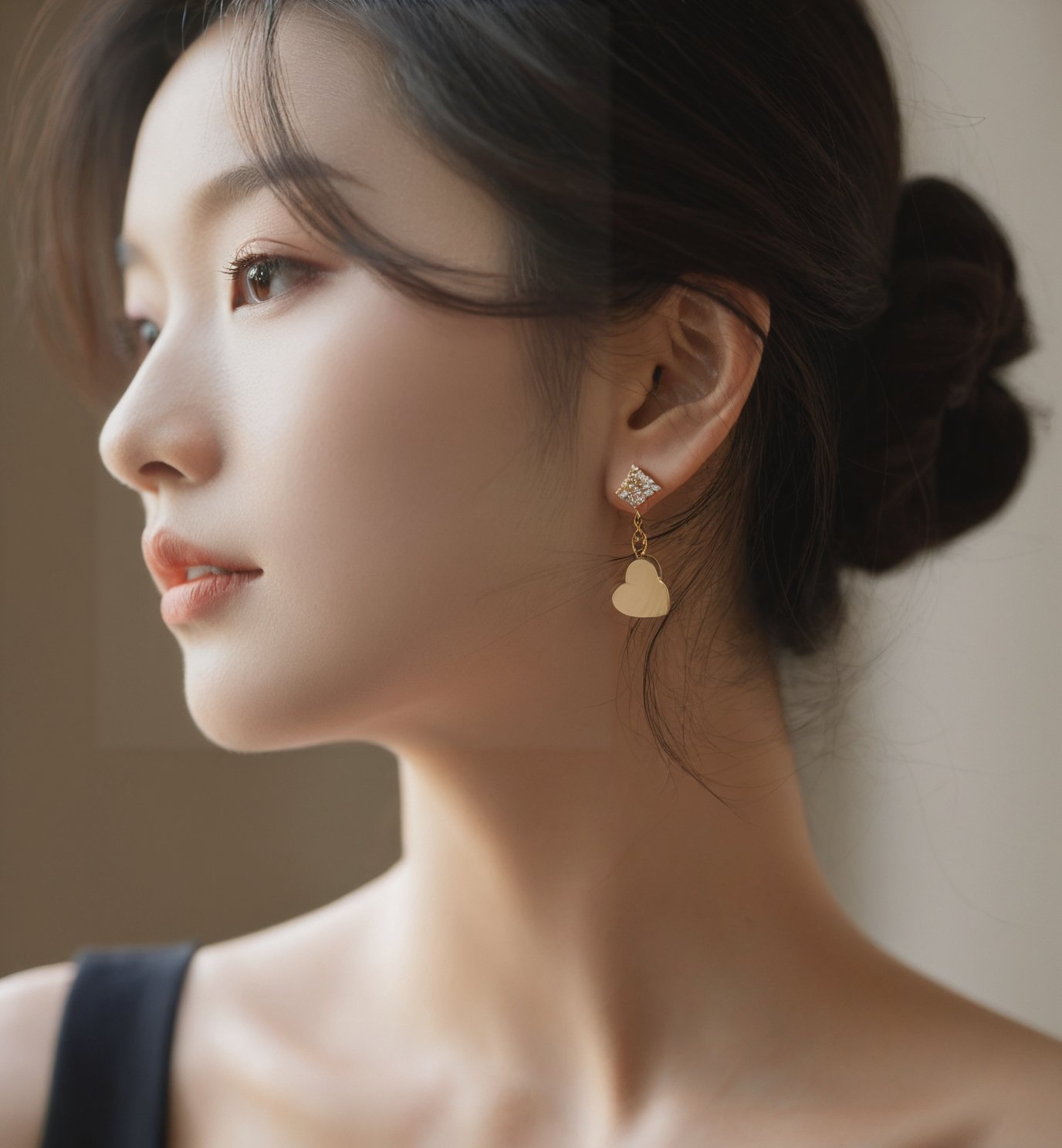 ,woman,portrait,close-up,side view,shadow,sunlight,collarbone,single earring,minimal jewelry,dark clothing,frilled edge,soft focus,warm tones,natural light,Asian ethnicity,young adult,beauty,subtle makeup,serene expression,high-resolution image,depth of field,partial face,clear skin,fashion photography,elegance,solo,realistic,1girl,head out of frame,black hair,heart,lips,chest hair,dress,<lora:15-000008:0.6>