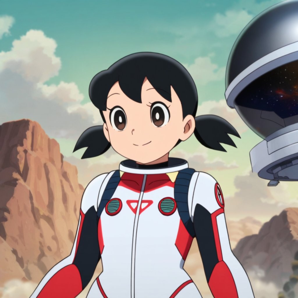 score_9, score_8_up, score_7_up, score_6_up, score_5_up, score_4_up, source_anime,minamoto shizuka, black hair, twintails, cowboy shot, 1girl, solo, smile, Girl in a spacesuit stepping onto the surface of Mars, Earth visible in the distance, vast red landscape, futuristic colony in the background, sense of wonder and exploration, epic sci-fi scene, hyper-realistic detail,masterpiece, perfect face, best quality, beautiful girl, cute girl, beautiful eyes, shiny eyes, anime coloring, anime screencap, absurdres,  <lora:minamoto shizuka hask 912:0.8>