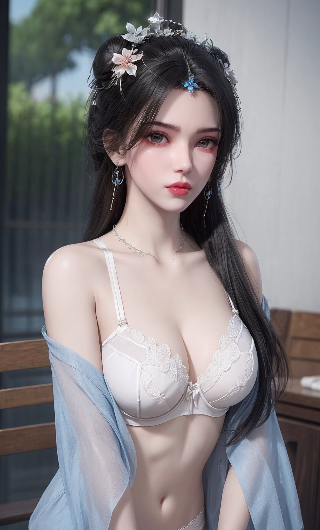 ,,masterpiece,(best quality),official art,extremely detailed cg 8k wallpaper,(extremely delicate and beautiful),solo,realistic,photo_\(medium\),portrait,facial tattoo,(Mastectomy Bra and Boyshort Panty Set),adfxx,1girl,portxx,solo,earrings,flowerhair bun,hair flower,black hair,hair ornament,realistic,<lora:40muwan_v4.1:0.7>,adfxx,