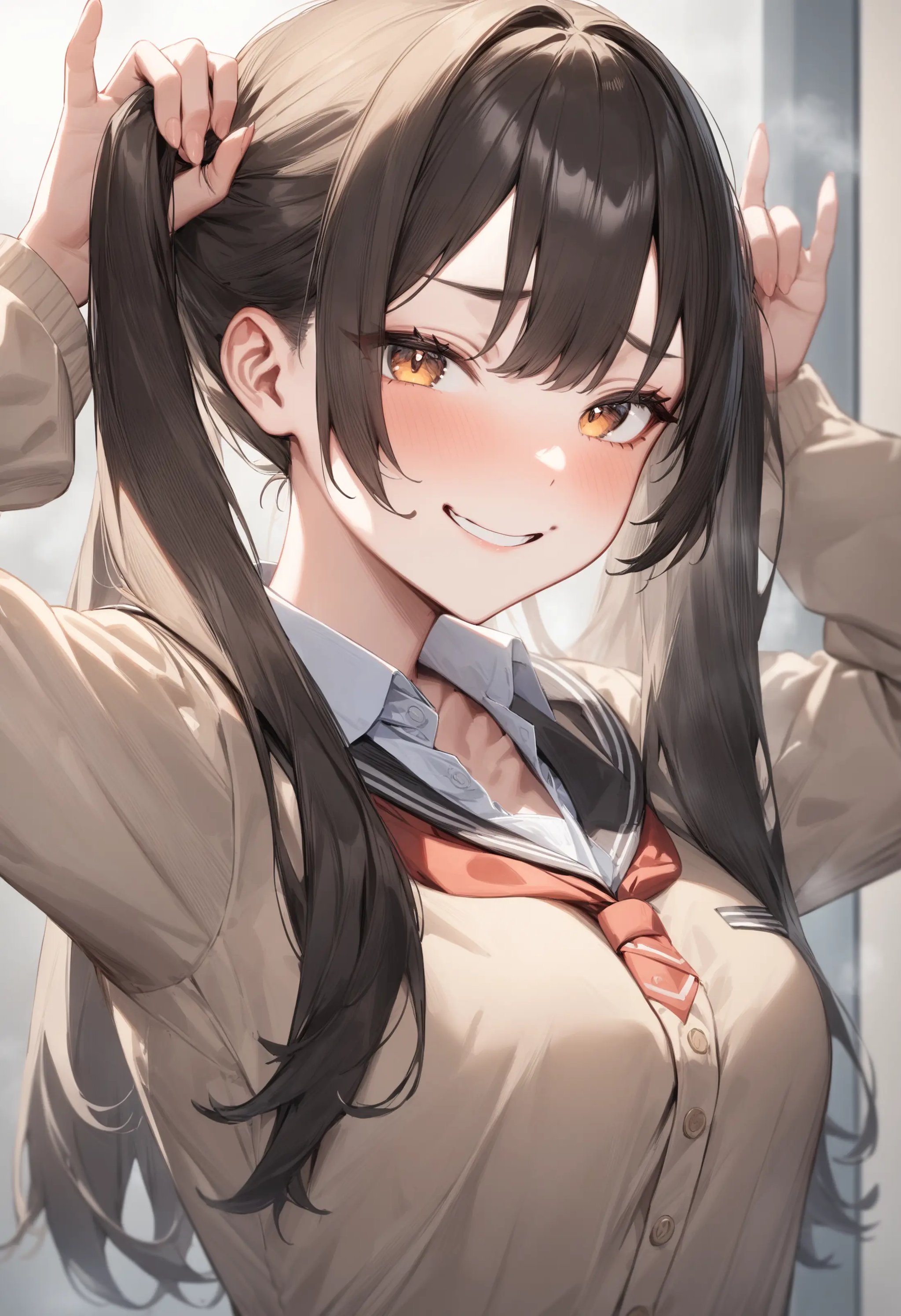 1girl, <lora:sdxl2-flat2-512b:-1>,medium breasts,school uniform,bunching hair,<lora:bunchinghair_XL_v1:0.8>from side, portrait, looking at viewer, seductive grin smug, public toilet, closed mouth,masterpiece, best quality, very aesthetic, absurdres