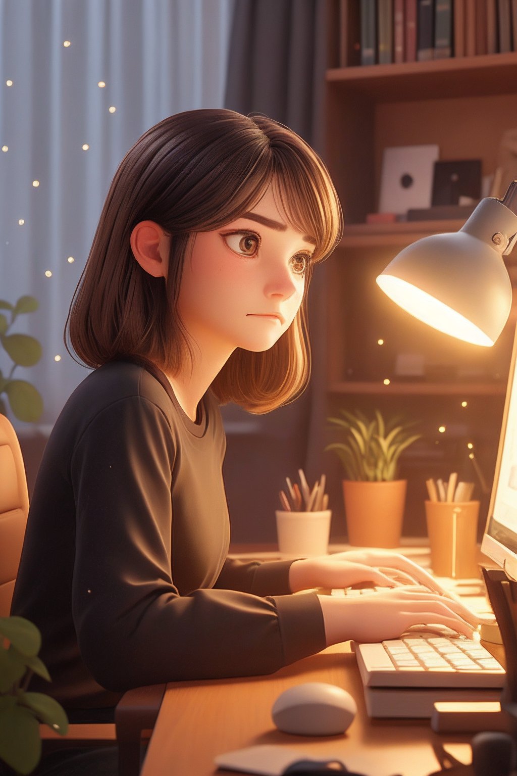 1girl,mole under eye,solo,lamp,indoors,mole,sitting,long sleeves,plant,brown eyes,brown hair,medium hair,book,chair,closed mouth,paper,bookshelf,desk,curtains,shirt,black shirt,light particles,cup,keyboard (computer),desk lamp,black hair,GZNH 