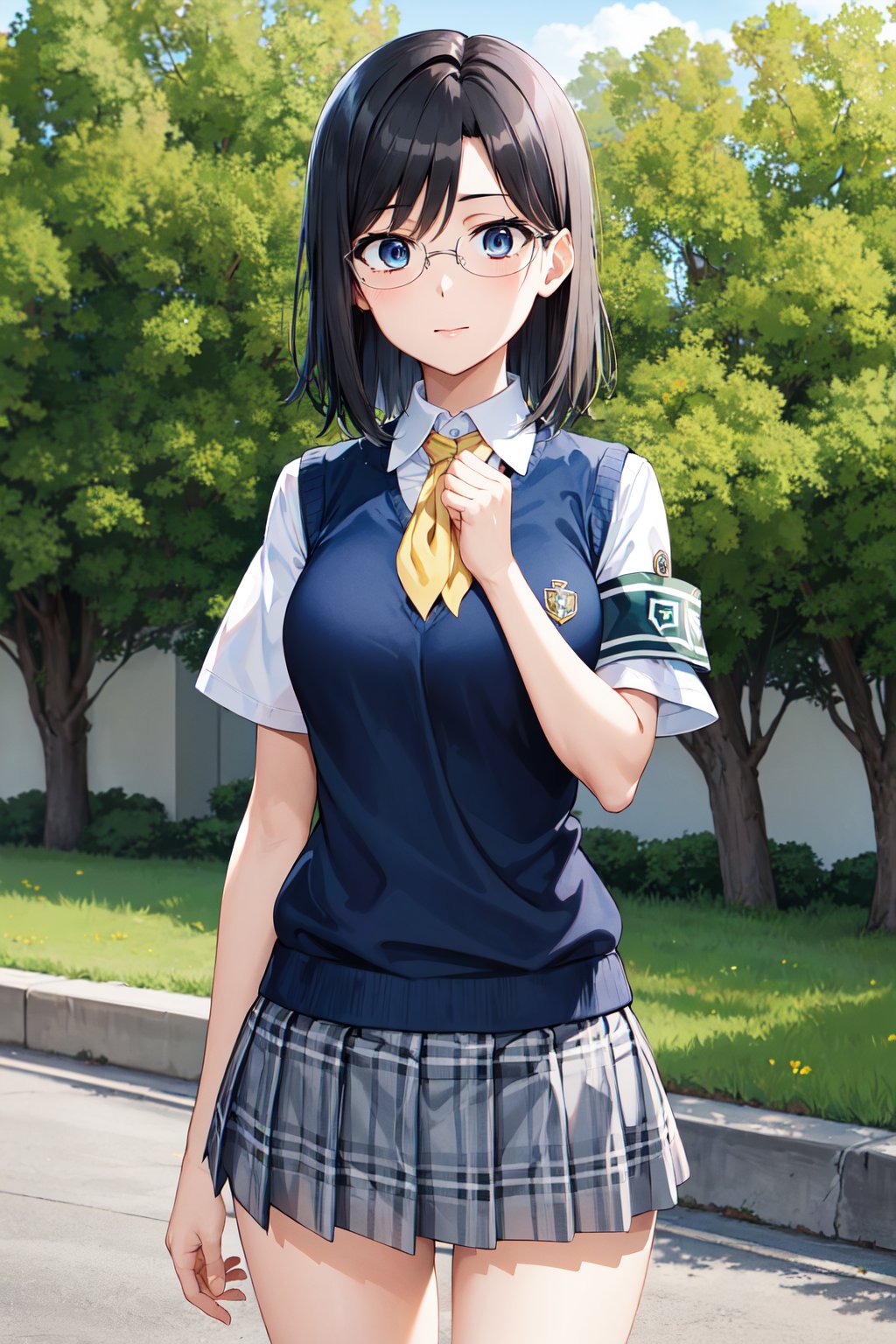 masterpiece, best quality, highres, aamii, short hair, black hair, blue eyes, glasses, school uniform, yellow neckerchief, collared shirt, sweater vest, (blue vest:1.2), short sleeves, armband, plaid skirt, grey skirt, <lora:konori_mii_v1:0.7>, standing, cowboy shot, outdoors,