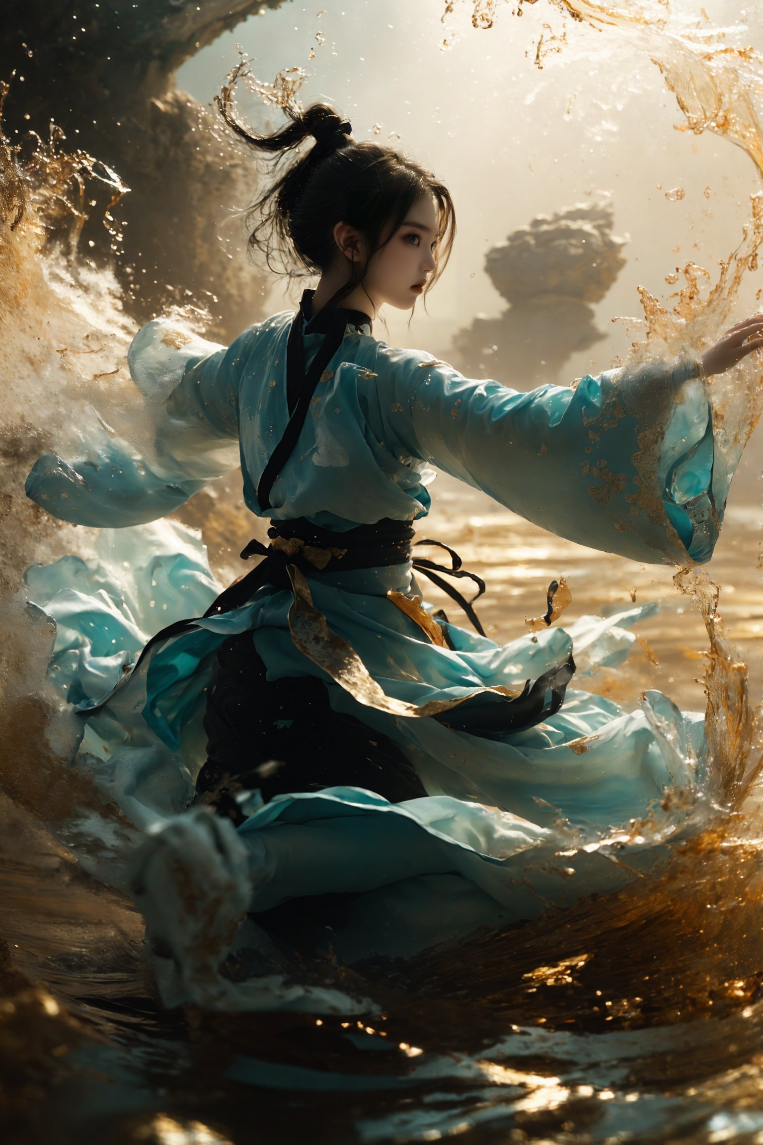 ultra high resolution, ((masterpiece))), (((best quality))), ((super detailed)),  ((extremely delicate and beautiful)),cinematic light, detailed environment，(real), motion blur, depth of field,1 girl,solo, (white hair:1.2),High ponytail,(absurd long ponytail:1.3), (dark turquoise and light gold hanfu:1.2), wide sleeves,wide sleeves, outstretched arms, fighting stance,(splashing:1.3),<lora:绪儿-武侠V3 xuer martial arts:0.8>