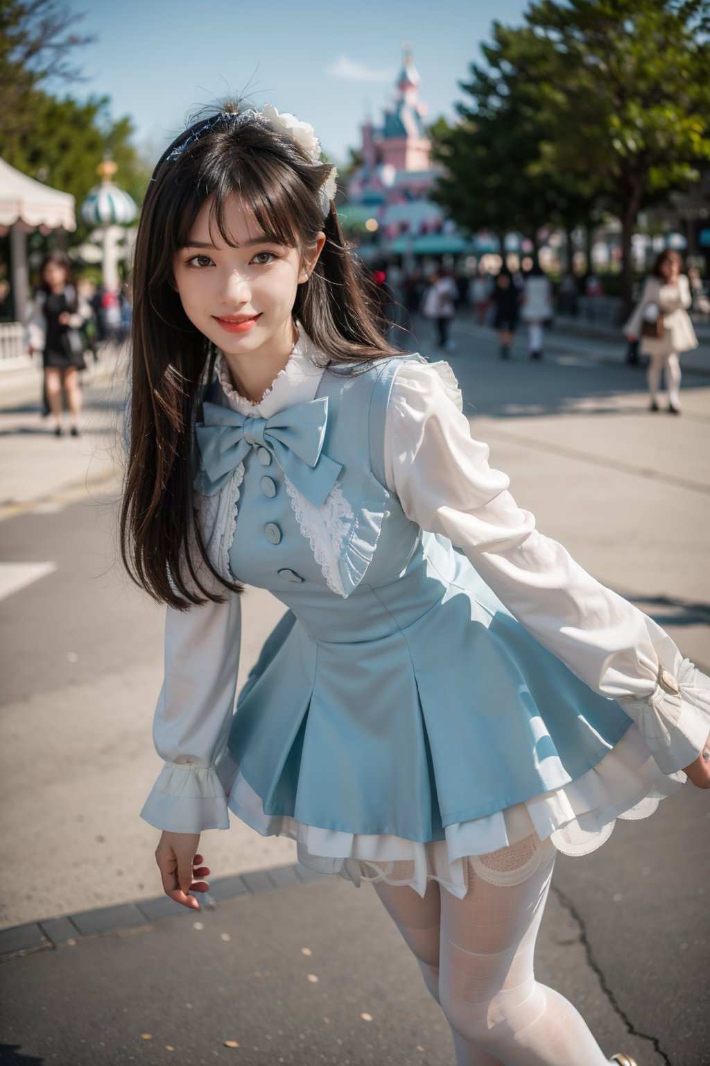 best quality, masterpiece, photorealistic, 1girl, solo, long straight black hair, blunt bangs, looking at viewer, full body, cyb dress, blue dress, long sleeves, puffy long sleeves, bow, (white pantyhose:1.4), mary janes, amusement park, people, <lora:cute_dress_style1_v1:0.7>