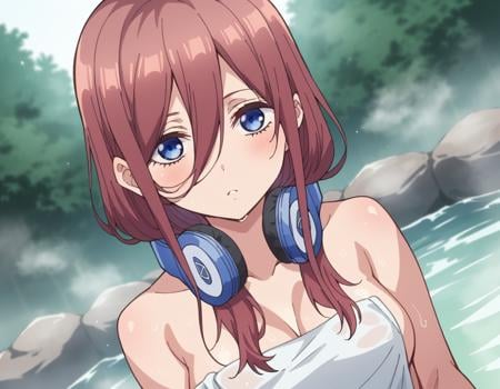 score_9, score_8_up, score_7_up, source_anime,mikunakano, <lora:miku-nakano-s1-ponyxl-lora-nochekaiser:1>, miku nakano, long hair, bangs, blue eyes, brown hair, shirt, hair between eyes, headphones, headphones around neck,nude, naked, outdoors, onsen, towel, naked towel, steam, bathing, nude cover, partially submerged, water, bath, steam censor, wet towel,looking at viewer, cowboy shot, dutch angle, solo,