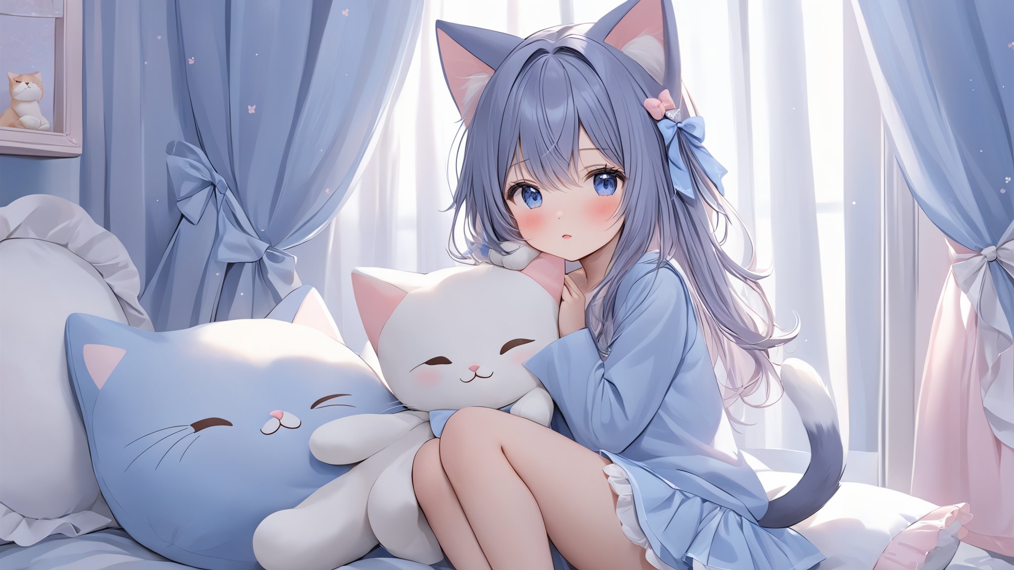 1girl, animal ears, bloomers, blue eyes, blush, cat ears, cat girl, cat tail, curtains, hair ornament, long hair, pillow, sleeves past wrists, stuffed animal, stuffed cat, stuffed toy, tail, underwear