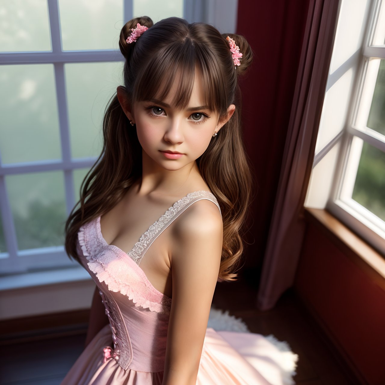 SFW, best quality, view from above, full body portrait of seductive (AIDA_LoRA_BelK:1.09) <lora:AIDA_LoRA_BelK:0.75> posing for a picture in front of window, backlight, sunlight, young female, pretty face, corset, pink bow, intimate, hyper realistic, studio photo, kkw-ph1, hdr, f1.6