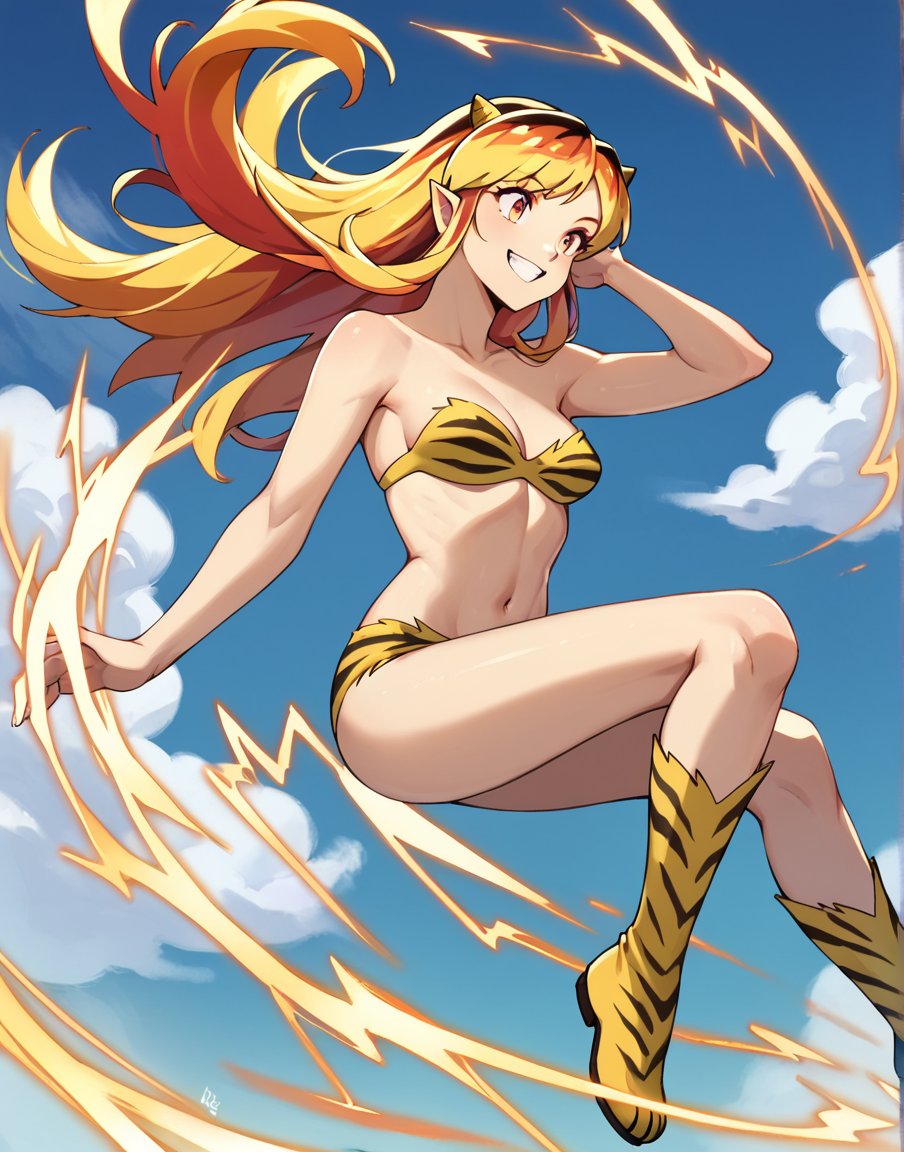 score_9, score_8_up, score_7_up, 1girl, <lora:lum:1> lumxl, long hair red hair,, orange hair, yellow hair, multicolored hair, oni, cone horns, pointy ears, animal print, tiger print, bikini, trapless bikini, navel, medium breasts, boots, orange eyes, yellow bikini, print bikini, flying, electricity, energy, smile, outdoors, sky, blue sky