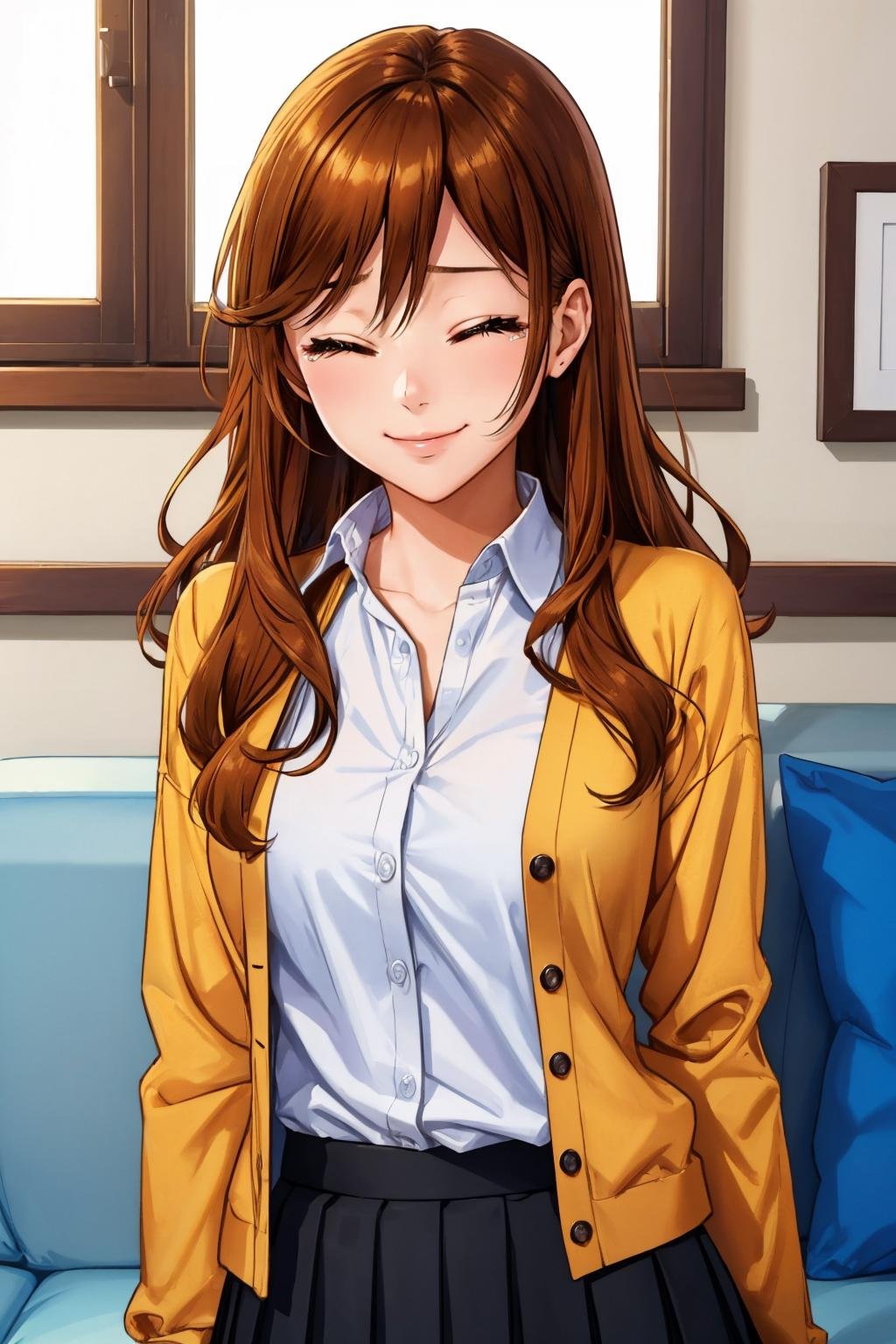 masterpiece, best quality, <lora:kyoukohori-nvwls-v1-000009:0.9> hori kyouko, yellow cardigan, white shirt, black pleated skirt, indoors, couch, smile, closed eyes, tears in eyes, upper body