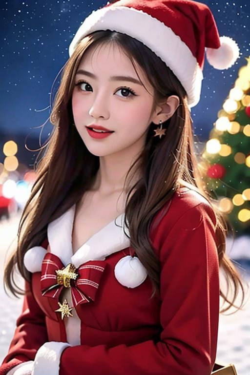 (masterpiece:1.2), best quality, masterpiece, highres, original,perfect light, 4k,8k,1girl, antlers, aurora, bell, belt, blue eyes, bobblehat, bow, candy cane, christmas, christmas lights, christmas ornaments, christmas tree, deer ears, earrings, fake antlers, fake facial hair, fake mustache, fireplace, fireworks, fur-trimmed capelet, fur-trimmed dress, fur-trimmed headwear, fur-trimmed skirt, fur-trimmed sleeves, fur trim, gift, gift bag, gift box, glasses, green bow, hat, holding sack, holly, jewelry, long hair, long sleeves, looking at viewer, merry christmas, night, night sky, ornament, pine tree, pom pom \(clothes\), red bow, red capelet, red dress, red headwear, red jacket, reindeer, reindeer antlers, reindeer costume, sack, santa bikini, santa boots, santa costume, santa dress, santa gloves, santa hat, shooting star, sky, smile, snow, snowing, solo, star \(sky\), star \(symbol\), star earrings, starry sky, wreath, <lora:christmas:0.7>