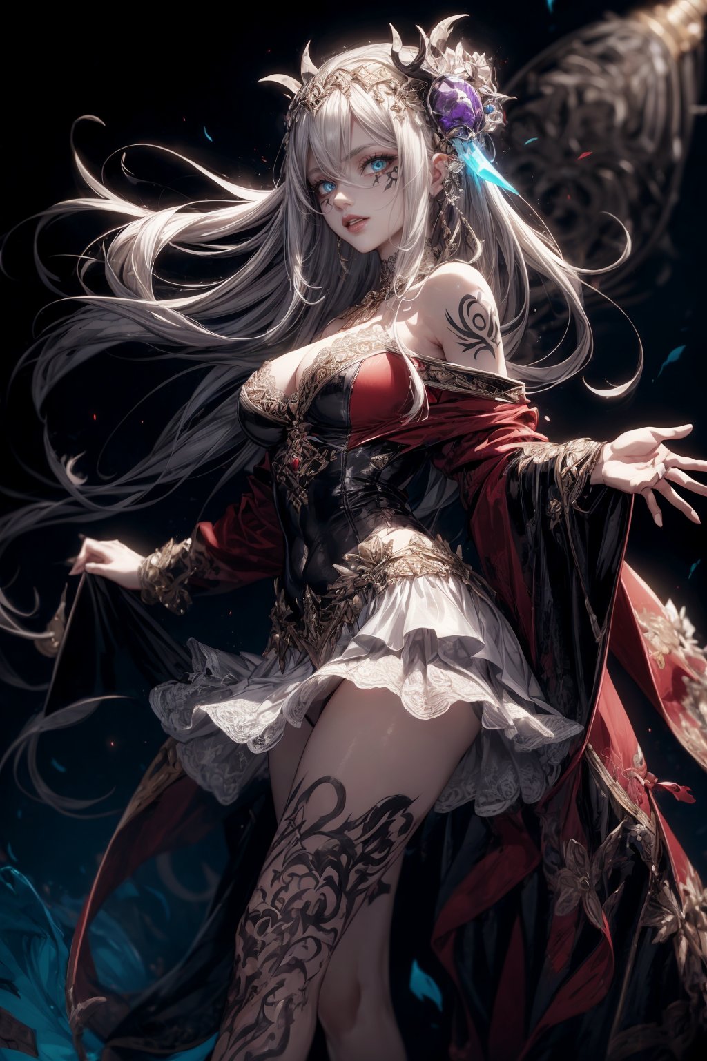 (((Masterpiece,  Top Quality,  High Resolution))),  8k,  Breaking. cruel,  cosmic fallen demon,  cruel,  evil,  detailed eyes:1.3,  Breaking,  detailed face:1.3,  accessories,  (full body tribal tattoos),  ((super detailed lace off-the-shoulder white dress skirt,  upskirt)),  Detailed princess outfit,  D-cup cleavage,  Denim mini skirt Breaking,  Bioluminescence,  Creepy,  Re, .HELL SENT,  Very bright color,  Light particles:1.2,  With shining light,  Mshiff,  Wallpaper art,  UHD Wallpaper,  Cowboy Shot, ,  Evil Glow,  Evil Laugh, . Kiana Kasrana, YAMATO, rolopekka, noelledef, outfit-km, purple dress, yaemikodef, monadef, kamisatoyakadef, alexia_olis, arlecchino, phlg,<lora:EMS-179-EMS:0.500000>,<lora:EMS-1093-EMS:0.500000>,<lora:EMS-63140-EMS:0.400000>