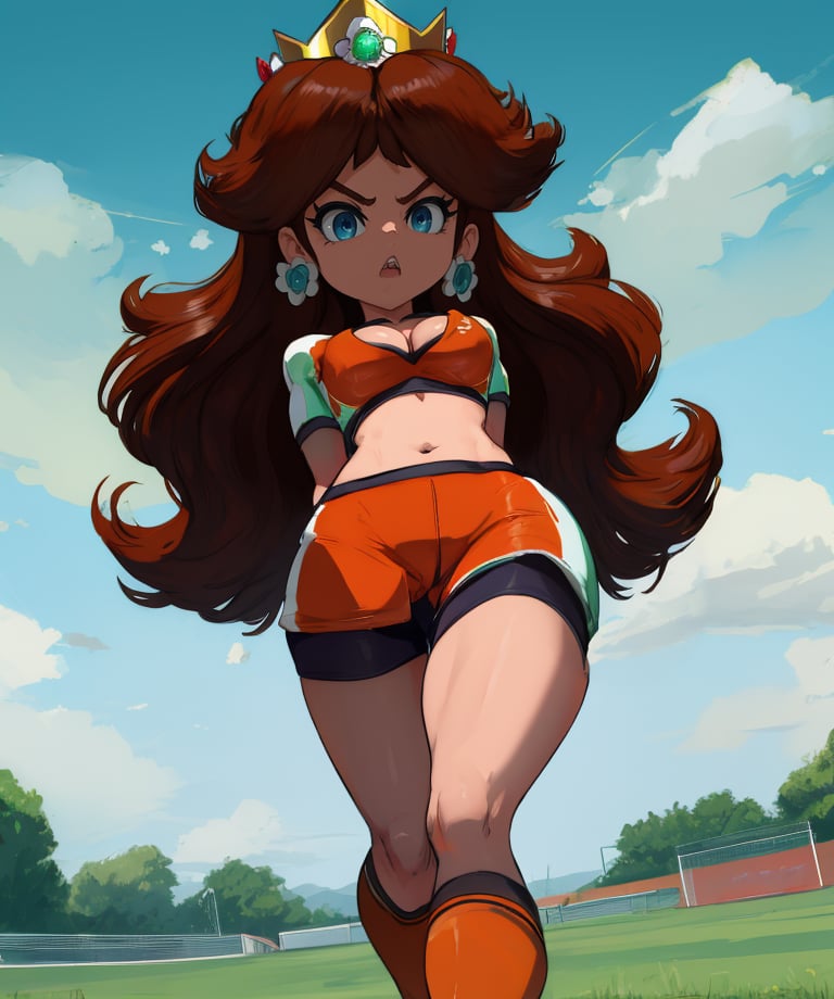 Daisy,brown hair,blue eyes,flower earrings,small crown,brown skin,arms behind back,soccer uniform,short sleeves,orange shorts,midriff,8,cleavage,serious,walking,motion lines,teeth,from below,cameltoe,soccer field,science fiction,outdoors,(insanely detailed, masterpiece, best quality),<lora:Daisy-11SMSv9:0.8>,