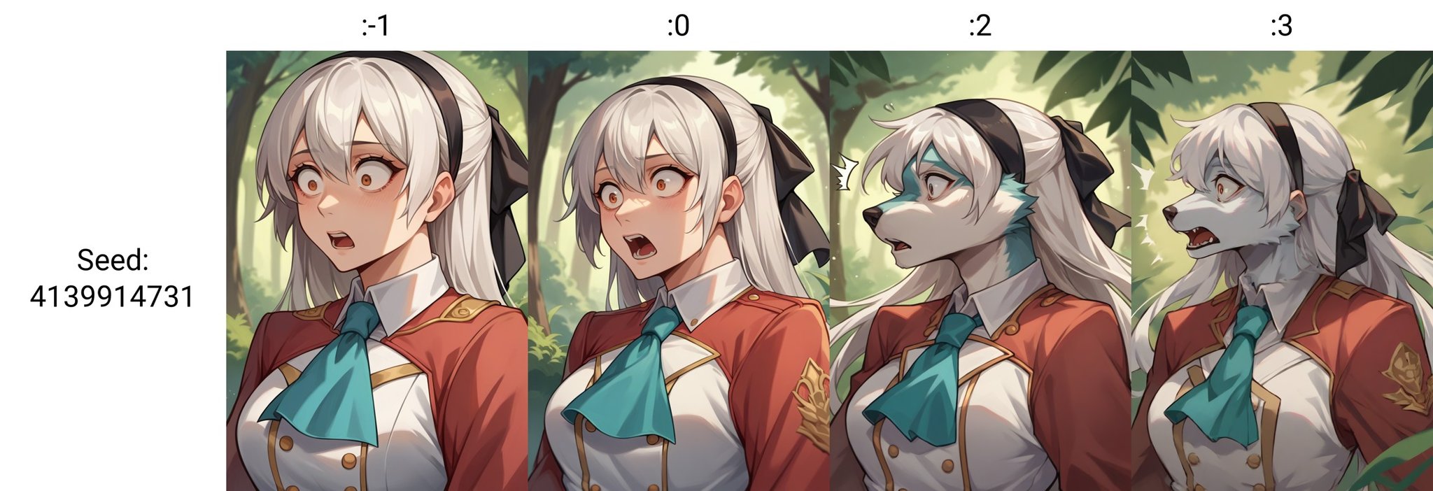 score_9, score_8_up,score_7_up,source_furry, source_ anime, human,anthro wolf, forest,zeroElie, black hairband, hair ribbon, long hair, ascot, uniform, long red sleeves, white dress,  upper body, white hair, surprised,<lora:Slider_human-anthro_v1:-1> <lora:elie-pdxl-nvwls-v1:0.8> 