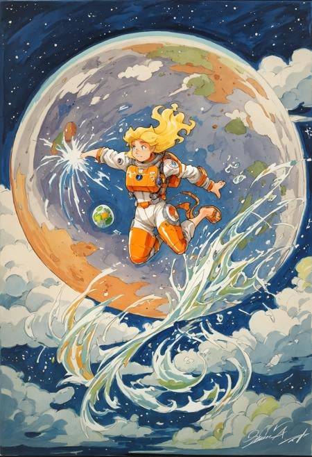 score_9, score_8_up, BREAK1girl, very wide shot, planet, (splash art:1.25), barefoot, blonde hair, shark, cloud, comet, animal, space, spacecraft, science fiction, reflection, ripple star princess (cosplay), traditional media, spacesuit, earth (planet), cosplay