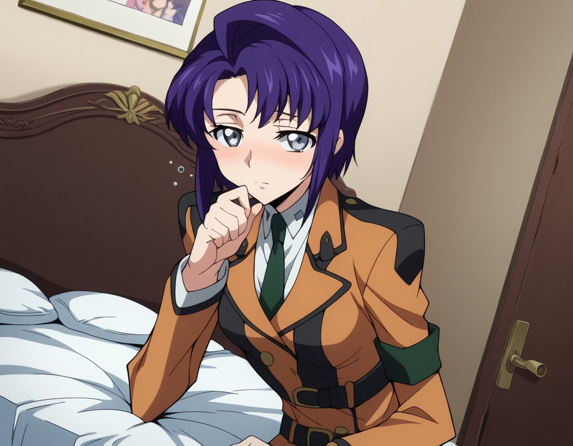 score_9, score_8_up, score_7_up, source_anime,cecilecroomy, <lora:cecile-croomy-s1-ponyxl-lora-nochekaiser:1>,cecile croomy, short hair, grey eyes, purple hair,necktie, belt, uniform, military, military uniform,indoors, bed, bed room, on side, blush, drunk,looking at viewer, dutch angle, cowboy shot, solo,