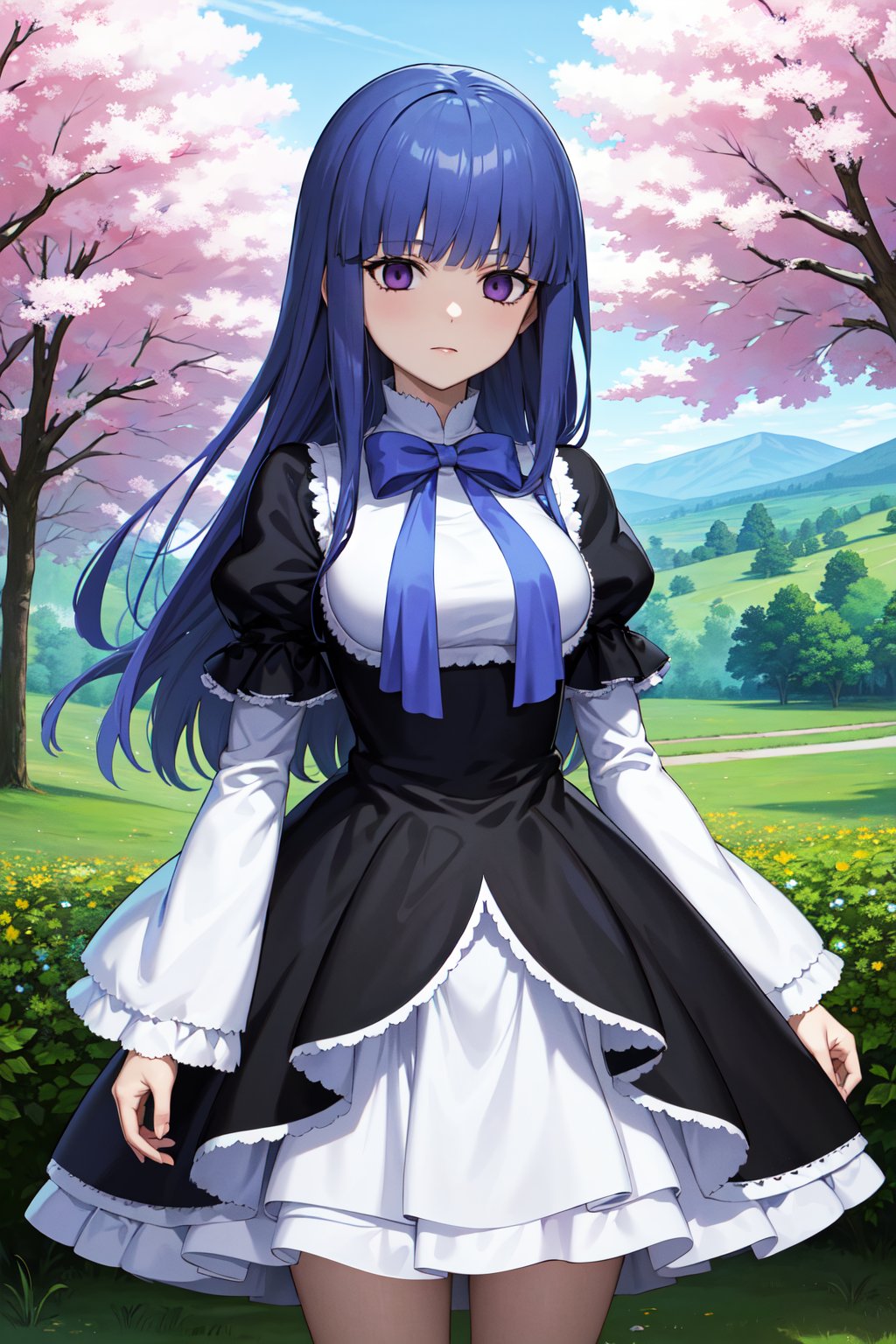 masterpiece, best quality, highres, aabern, long hair, blue hair, blunt bangs, purple eyes, bowtie, frills, black dress, puffy sleeves, short over long sleeves, long sleeves, <lora:frederica_bernkastel_v1:0.7>, standing, cowboy shot, outdoors