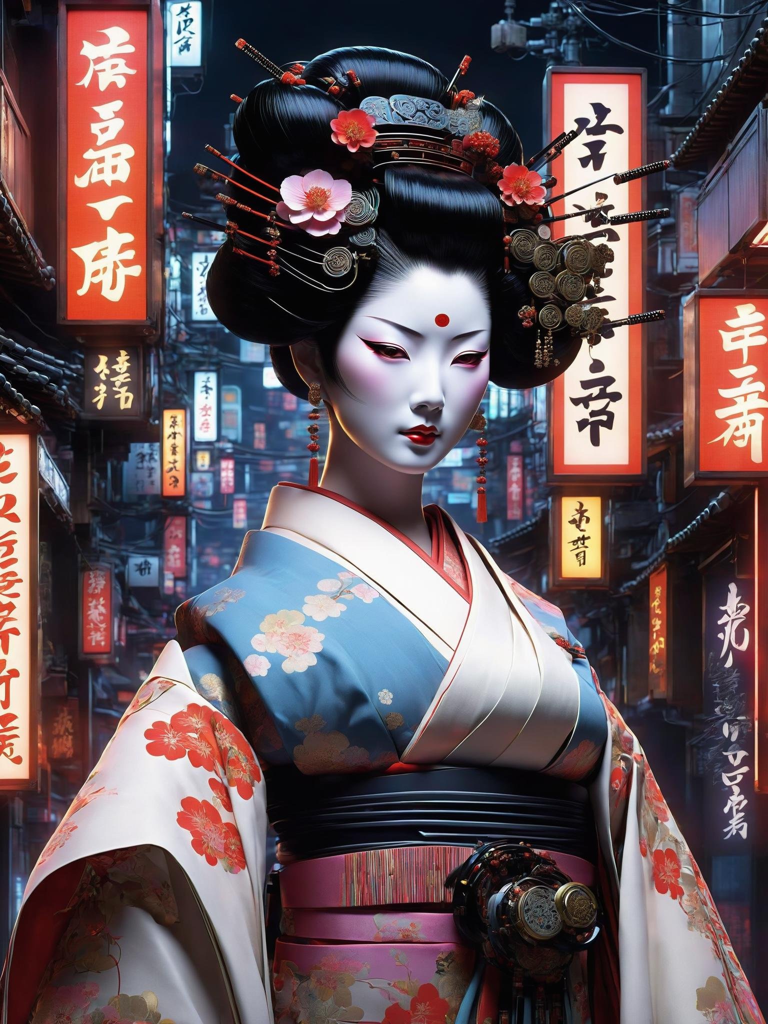 Amidst the labyrinthine alleyways of Neo-Tokyo, a geisha, enhanced with cybernetic implants, navigates the digital realm with grace. Her traditional kimono intricately weaved with circuitry patterns, she balances the elegance of a geisha with the prowess of a hacker. Neon-lit kanji characters illuminate the backdrop as she interfaces seamlessly with holographic interfaces, embodying the fusion of ancient grace and technological prowess , <lora:ByteBlade:1>