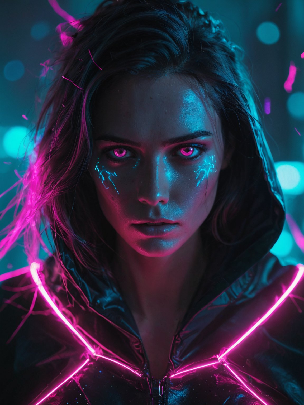 glowneon, cinematic film still, woman with glowing eyes, sparks, black cape, magenta and cyan  <lora:glowneon_xl_v1:1>