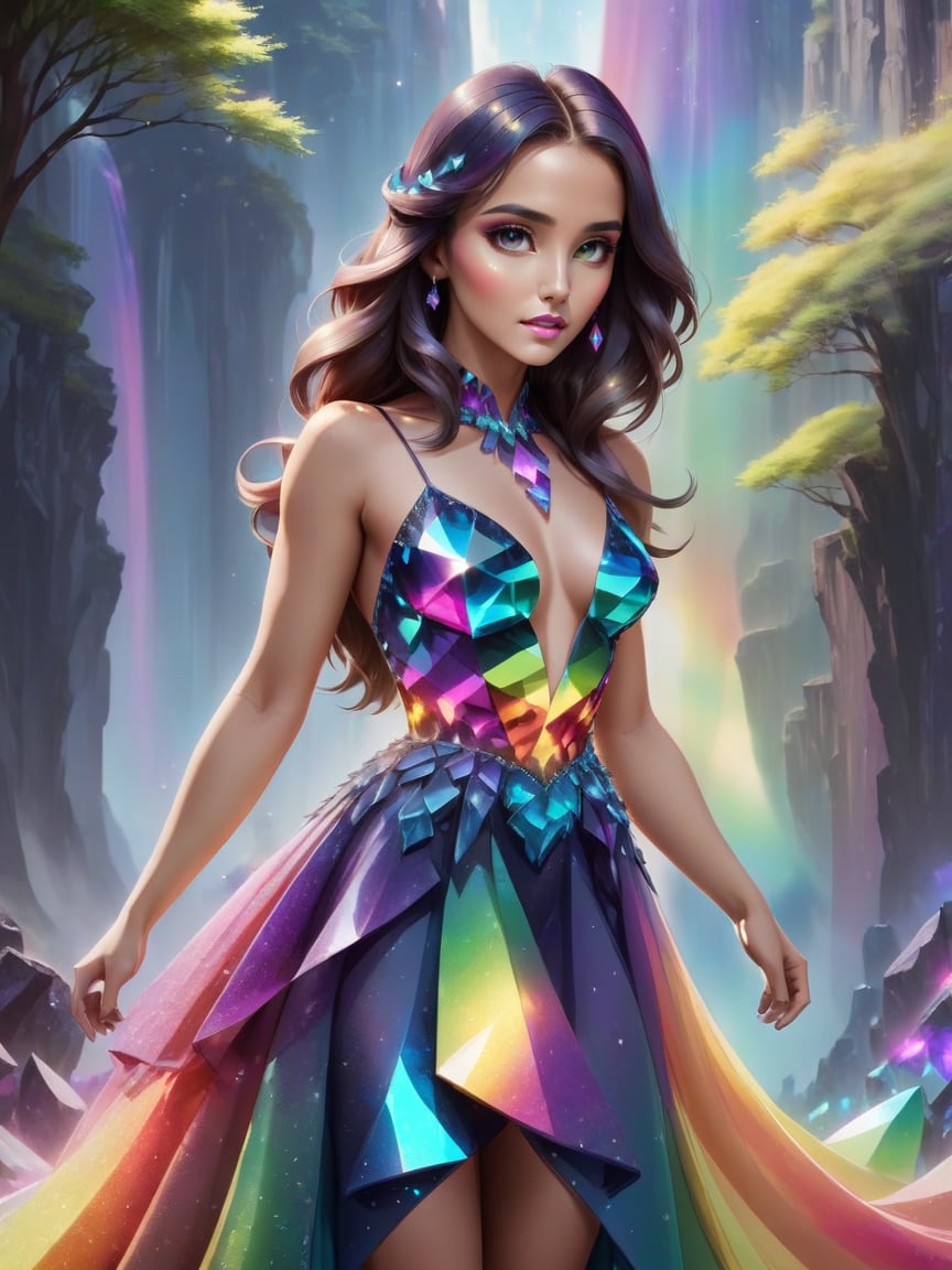 concept art beautiful woman wearing a rainbow gradient (crystalline dress) <lora:xl_crystalline_dress-1.0:0.8> . digital artwork, illustrative, painterly, matte painting, highly detailed