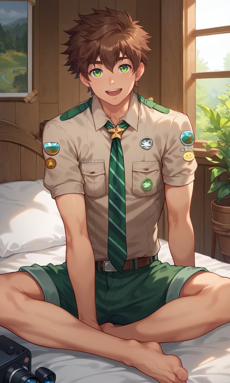 score_9, score_8_up, score_7_up, masterpiece, best quality, lots of details, ((1boy)), Keitaro, solo, male focus, open mouth, light smile, brown shirt, green shorts, necktie, camera, shaded, short sleeves, sitting, on bed, detailed shading, detailed skin, shaded skin, realistic shading, looking at viewer, Expressiveh, countershading:1.1, scout cabin, single bed, indoors plants, indoors,  <lora:add-detail-xl:0.7>, <lora:Smooth Anime 2 Style SDXL_LoRA_Pony Diffusion V6 XL:0.8>, <lora:Expressive_H:0.8>, <lora:Keitaro_XL_V10:0.9>