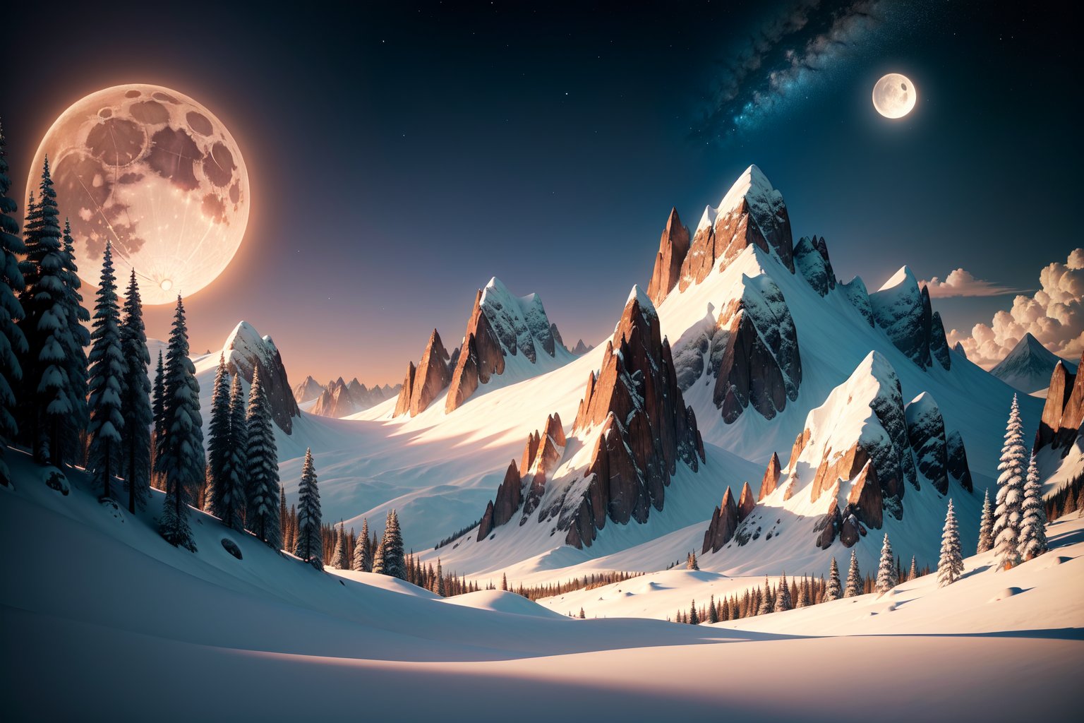 mountain ranges with the moon in the sky, light clouds lit by the moon, dark lighting, moody lighting, caustics, 8k, hyperrealistic, realistic, hdr, realism