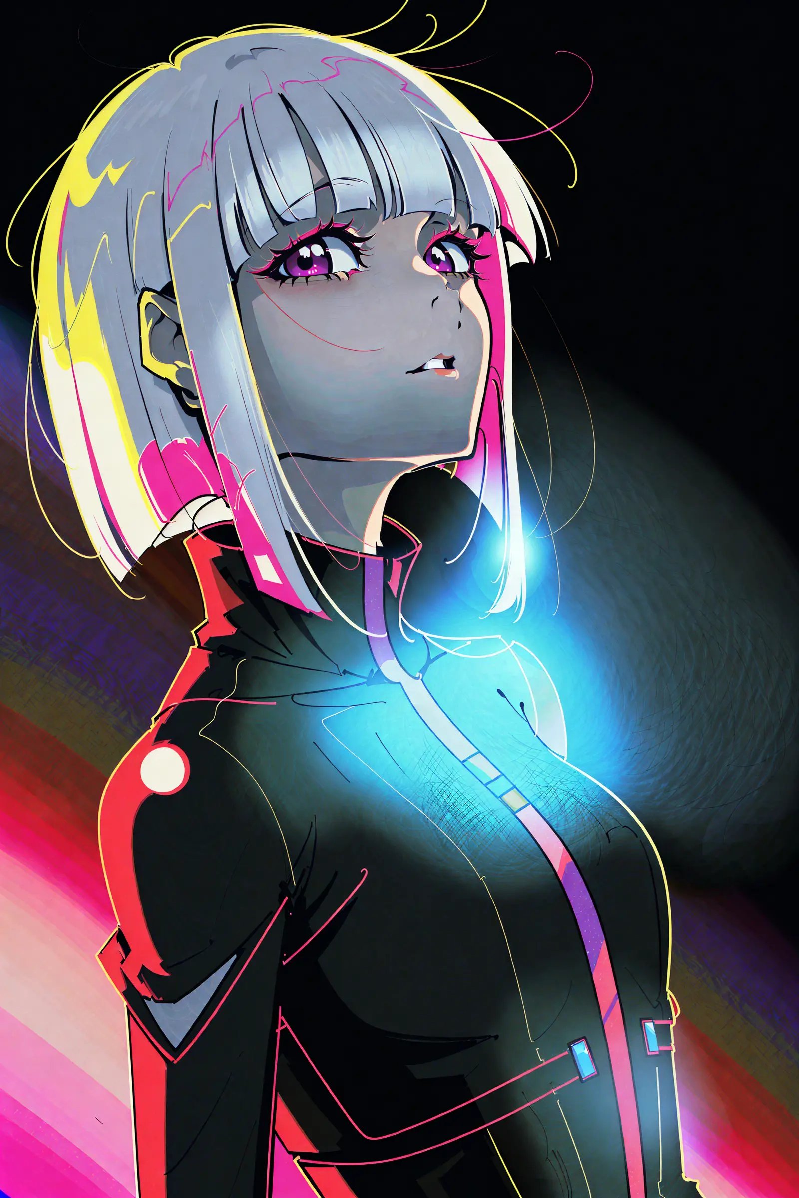 by yoneyama mai, 1girl, lucy \(cyberpunk\), solo, parted lips, short hair, looking at viewer, upper body, bangs, multicolored hair, bodysuit, cyberpunk, black background