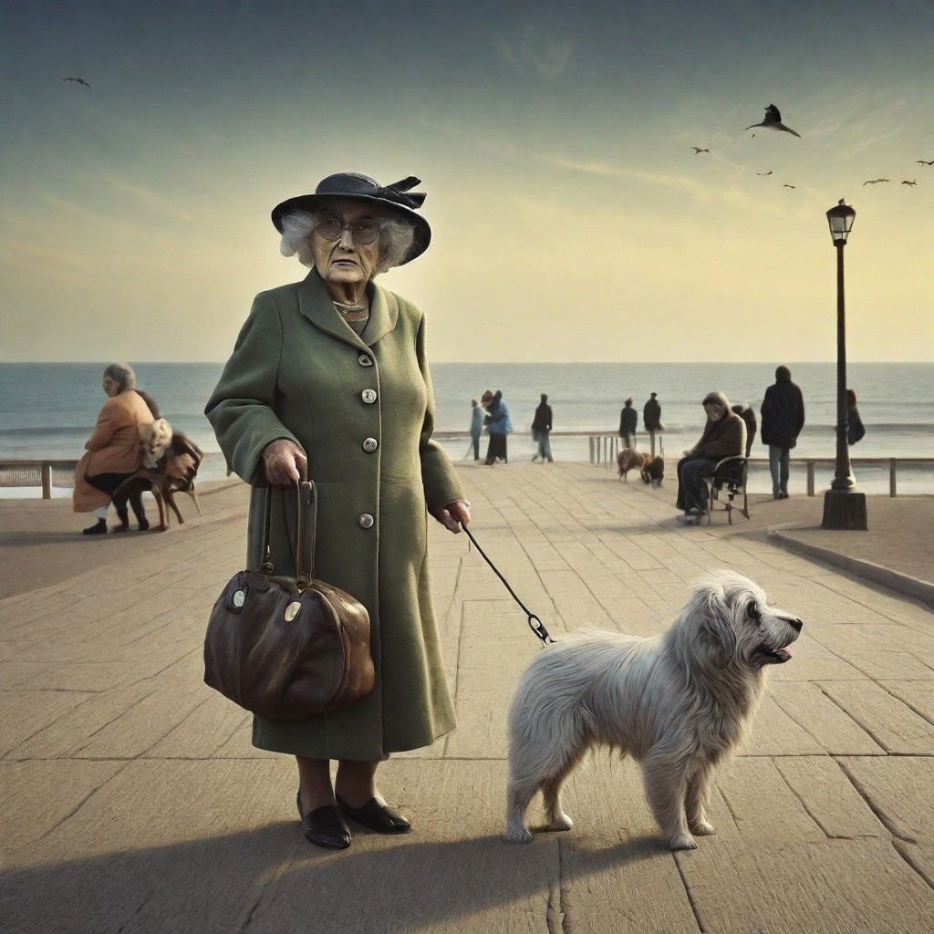 , surreal  old  lady ,beach promenade ,  dog pekingnese