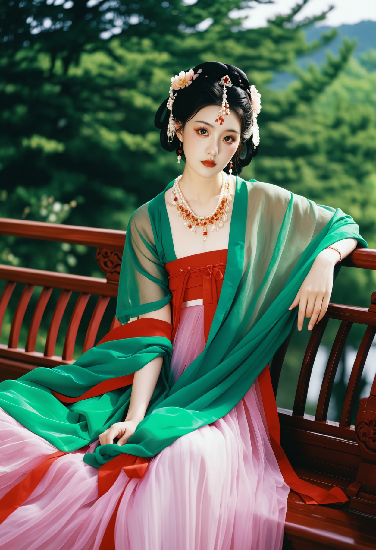 photograph Photograph, elegant woman in traditional Chinese attire, Tang dynasty, sitting on a wooden bench, wearing a flowing pink and red hanfu, pearl necklace, intricate hair ornaments, serene expression, lush green background, soft natural lighting, poised and graceful pose, cultural and historical ambiance., 50mm . cinematic 4k epic detailed 4k epic detailed photograph shot on kodak detailed cinematic hbo dark moody, 35mm photo, grainy, vignette, vintage, Kodachrome, Lomography, stained, highly detailed, found footage