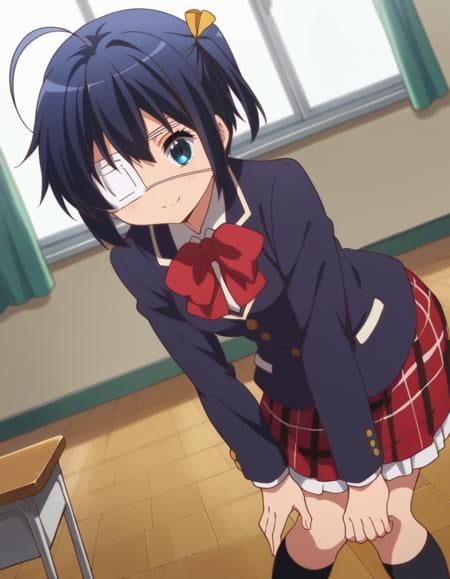 score_9, score_8_up, score_7_up, source_anime,rikkatakanashi, <lora:rikka-takanashi-s2-ponyxl-lora-nochekaiser:1>,rikka takanashi, short hair, blue eyes, black hair, ahoge, one side up, eyepatch, medical eyepatch,skirt, school uniform, jacket, plaid, kneehighs, plaid skirt, blazer, icho private high school uniform,indoors, classroom, bent over, smile,looking at viewer, cowboy shot, dutch angle, solo,