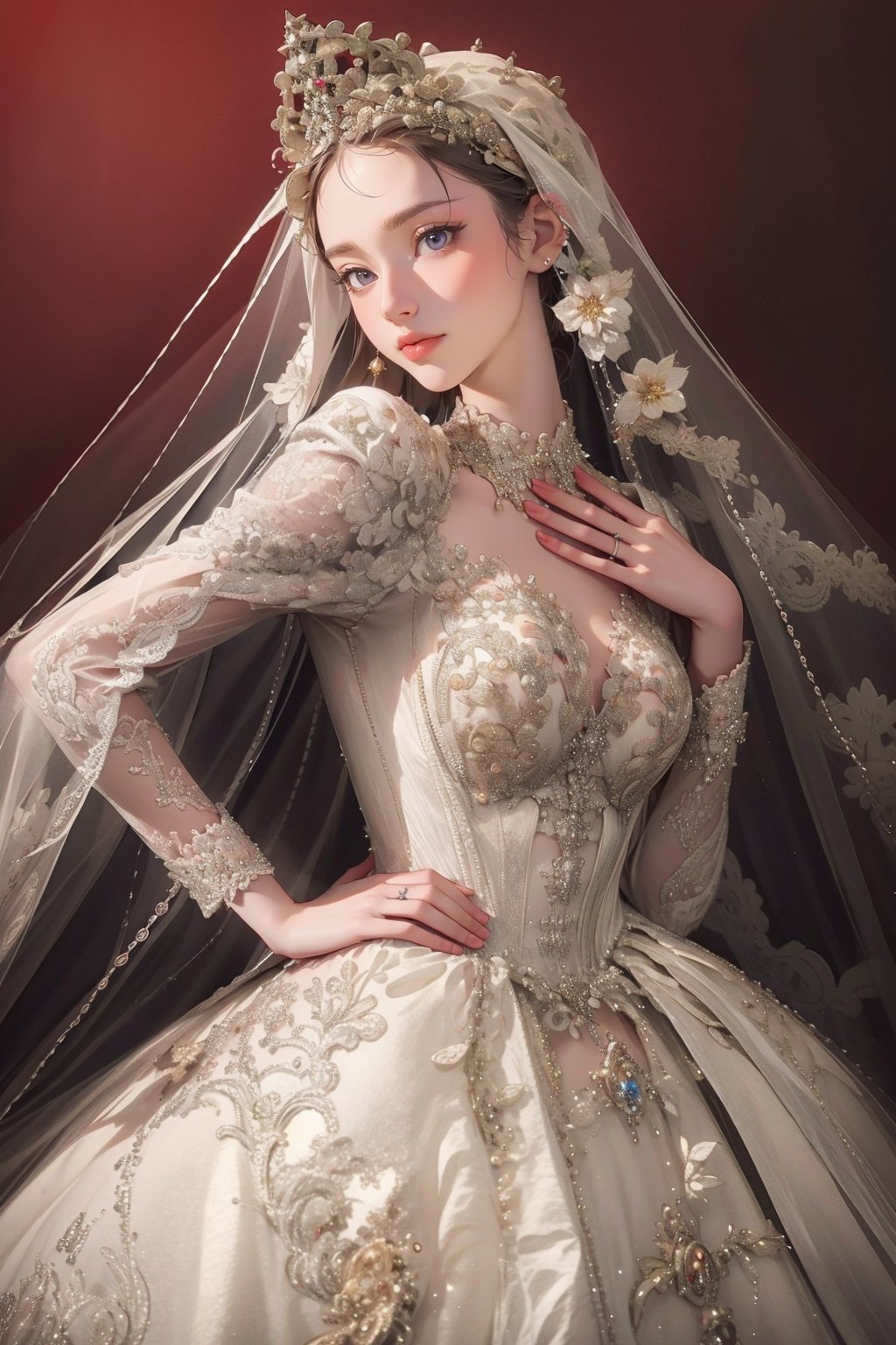 1girl,solo,medium breasts,outdoors,<lora:GoodHands-beta2:1>,(red background),ruanyi0257,bridal veil,lace-trimmed dress,wedding dress,white dress,bride,<lora:0257 castle style wedding dress_v2:1>,, best quality,masterpiece,highres,official art,extremely detailed cg unity 8k wallpaper