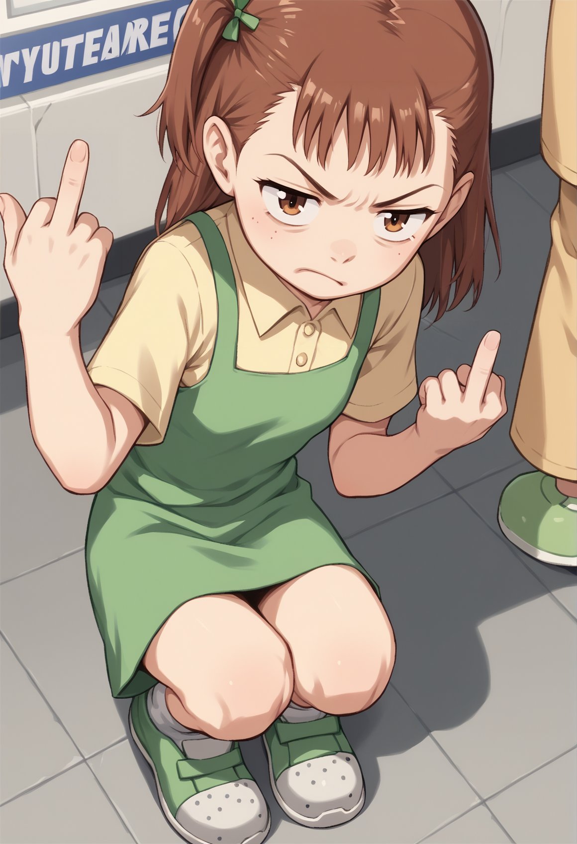 1girl, juri, long hair, brown hair, one_side_up, brown eyes, two-tone dress, green dress, short sleeves, puppet, green footwear, squatting, convenience store, disgust, middle finger, from above <lora:RukiJuri:1>, score_9, score_8_up, score_7_up, score_6_up, score_5_up, score_4_up, BREAK source_anime, masterpiece