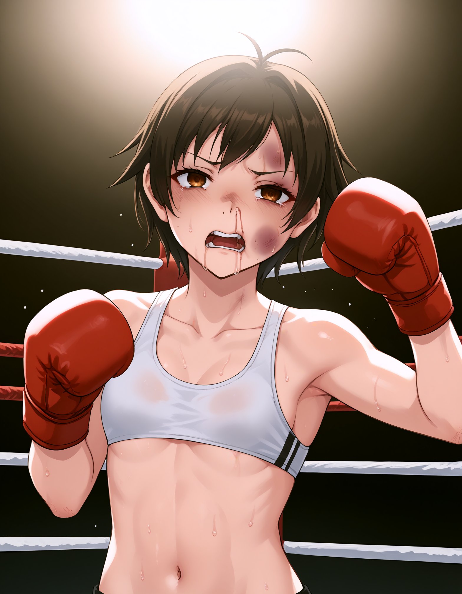 score_9, <lora:sdxl_lightning_8step_lora:1> source_anime, rating_questionable BREAK 1girl,<lora:ponyxl_concept-bruised_face:1> , bruise on face, bruised eye, nosebleed, boxing gloves, headgear, boxing ring, sweat, upper body, punching,detailed background, cinematic lighting, lens flare