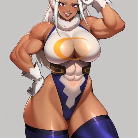 (masterpiece, best quality:1.3), DrakkaiArt, 1girl, solo, looking at viewer, wide hips, mature female, closed mouth, seductive smile, large breasts, cowboy shot, thick thighs, <lora:DrakkaiArt Style Lora:.85>, leotard, fur collar, muscular female, bunny ears, white hair, red eyes, thighhighs, gloves,  <lora:Mirko:.8>