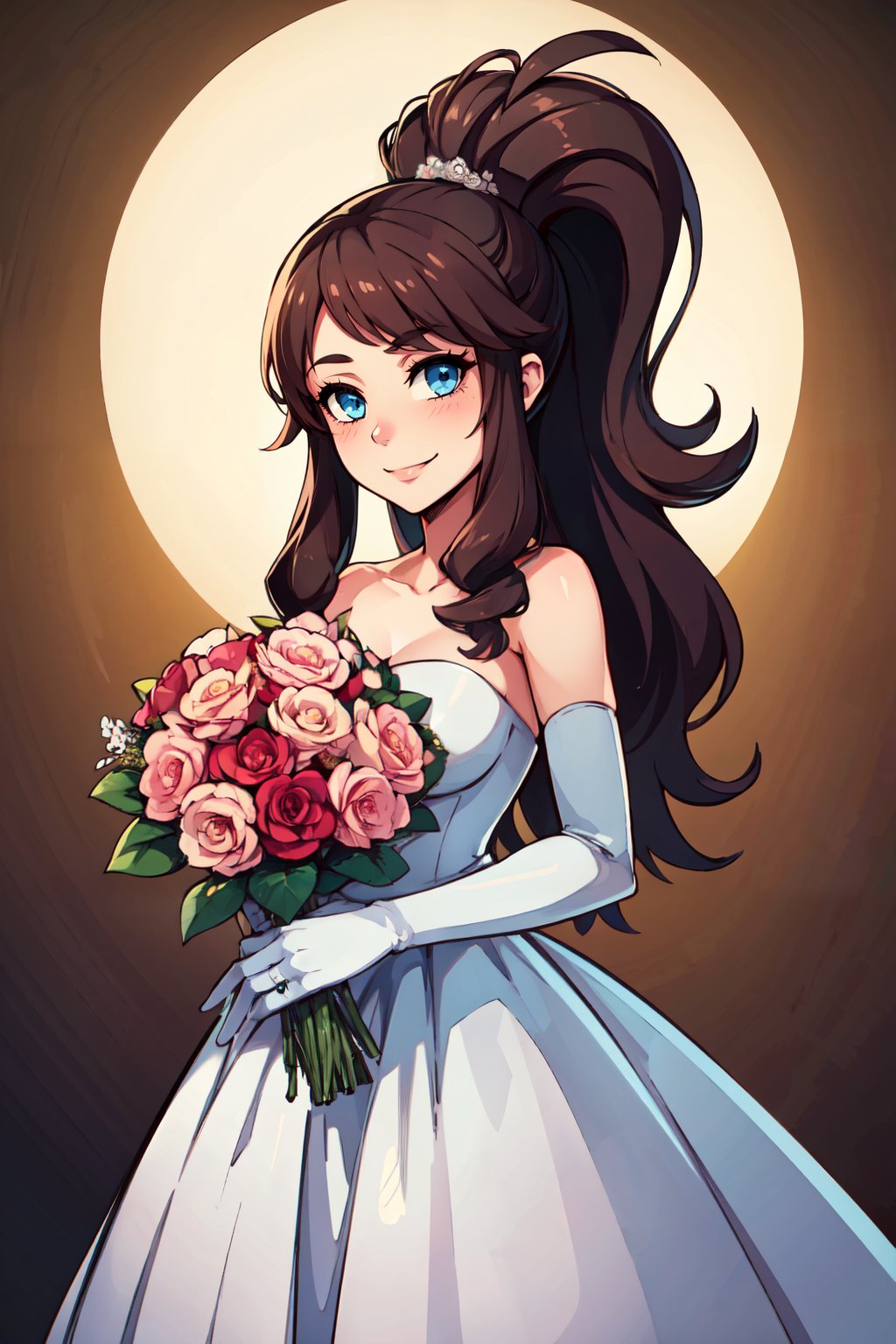 ((masterpiece,best quality)), absurdres,   <lora:HildaPokemon_v5:0.7>,   zzHilda, blue eyes, long hair, sidelocks,    bride, wedding dress, bridal veil, strapless dress, elbow gloves,  holding bouquet,   solo, smile, looking at viewer, cowboy shot,