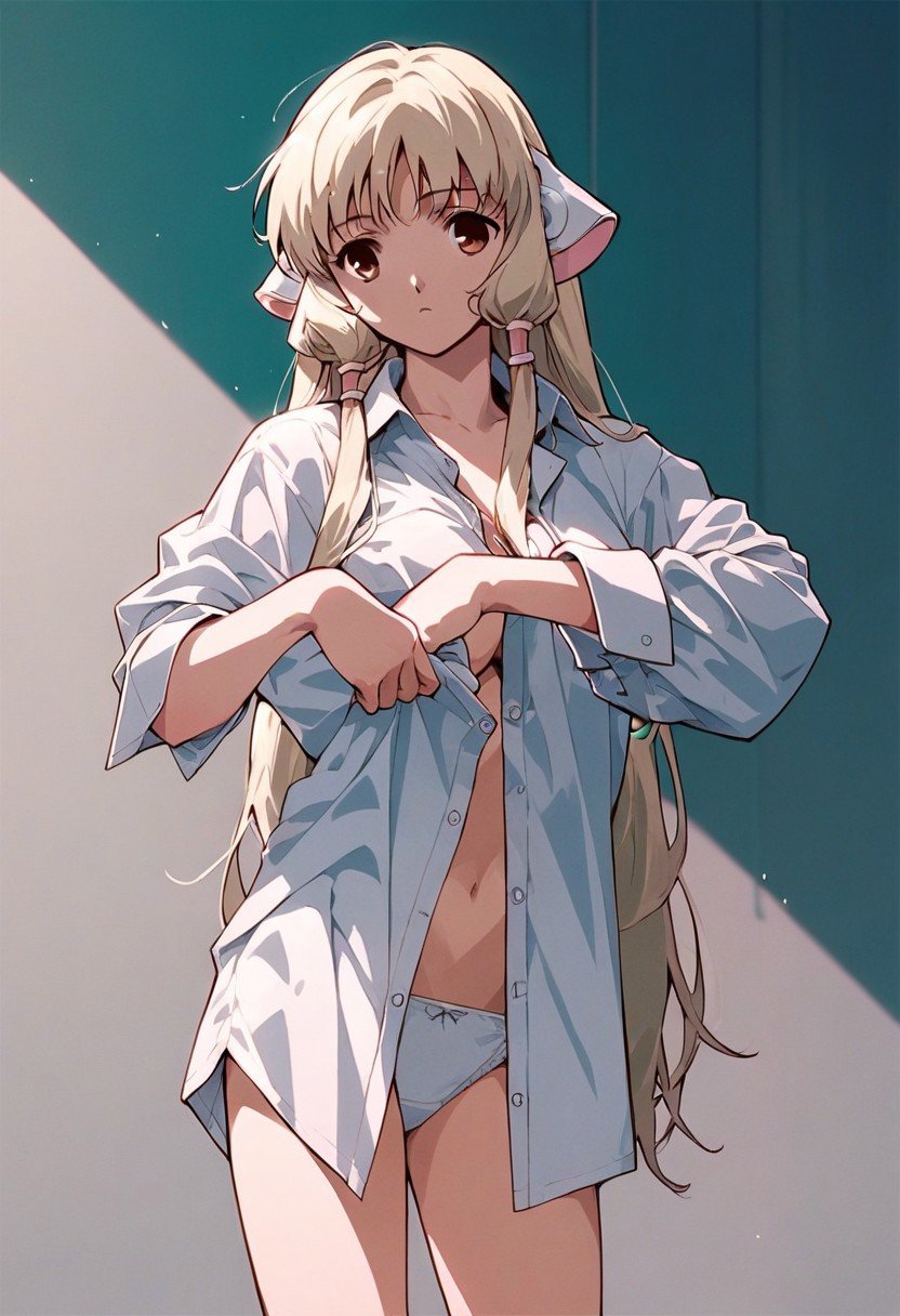 score_9,score_8_up,score_7_up,source_anime, Chii (Chobits),1girl,solo,shirt,underwear,panties,white panties,dress shirt,no pants,oversized clothes,dressing,