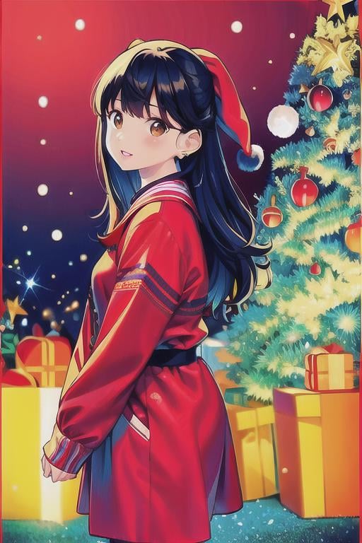 (masterpiece:1.2), best quality, masterpiece, highres, original,perfect light, 4k,8k,1girl, antlers, black hair, brown eyes, brown hair, candy cane, christmas, christmas lights, christmas ornaments, christmas tree, earrings, gift, gift box, holly, jewelry, lantern, lips, lipstick, long hair, long sleeves, looking at viewer, merry christmas, paper lantern, parted lips, realistic, red background, red moon, red theme, santa costume, santa hat, sleeves past wrists, snow, snowing, solo, star \(sky\), torii,<lora:christmas_real-000014:0.8>