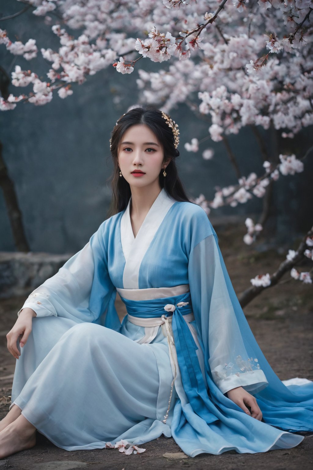 (ultra realistic,best quality),photorealistic,Extremely Realistic, in depth, cinematic light,hubggirl,a woman in a blue period dress sitting on the ground,traditional attire,hanfu,cherry blossoms,serene expression,seated pose,ethereal lighting,black background,flowing fabric,reflective surface,high contrast,gentle gaze,soft makeup,pastel colors,blurred petals falling,cultural,fantasy ambiance,elegance,grace,historical costume,fabric draping,photoshoot,artistic composition,side lighting,blue gradient dress,tranquil atmosphere,delicate accessories,hair ornaments.,dynamic poses, particle effects,perfect hands, perfect lighting, vibrant colors, surreal dramatic lighting shadow (lofi, analog), intricate details, high detailed skin,intricate background, realism, realistic, raw, analog, taken by Canon EOS,SIGMA Art Lens 35mm F1.4,ISO 200 Shutter Speed 2000,Vivid picture,