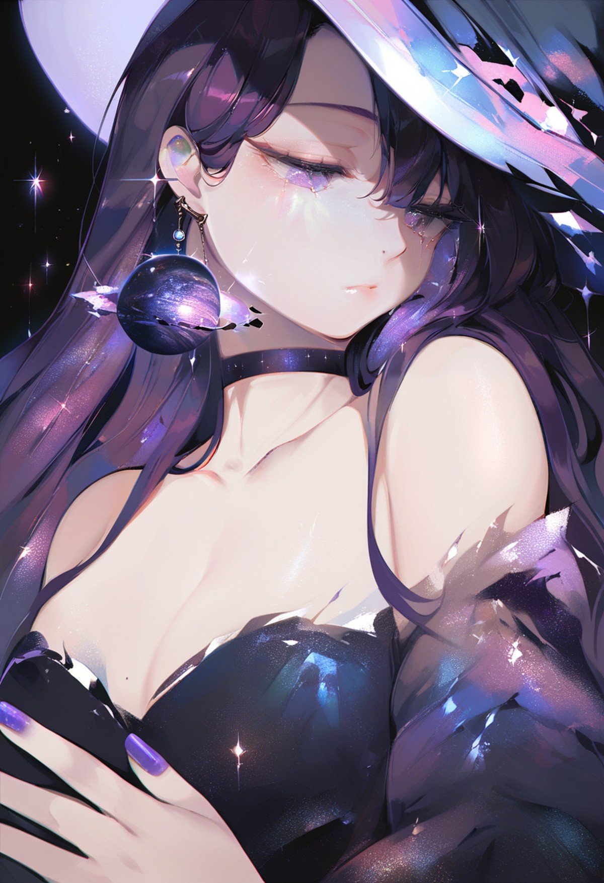 score_9, score_8_up, score_7_up, score_6_up, <lora:OH4XL_P6_lokr_V4312:0.95> 1girl, solo, long hair, black hair, upper body, bare shoulders, collarbone, breasts, hat, planet, off shoulder, sparkle, closed mouth, black background, jewelry, earrings, witch hat, eyelashes, nail polish, cleavage, half-closed eyes, purple nails, space, dress, small breasts, purple eyes, looking down, purple hair, fingernails, tears, choker