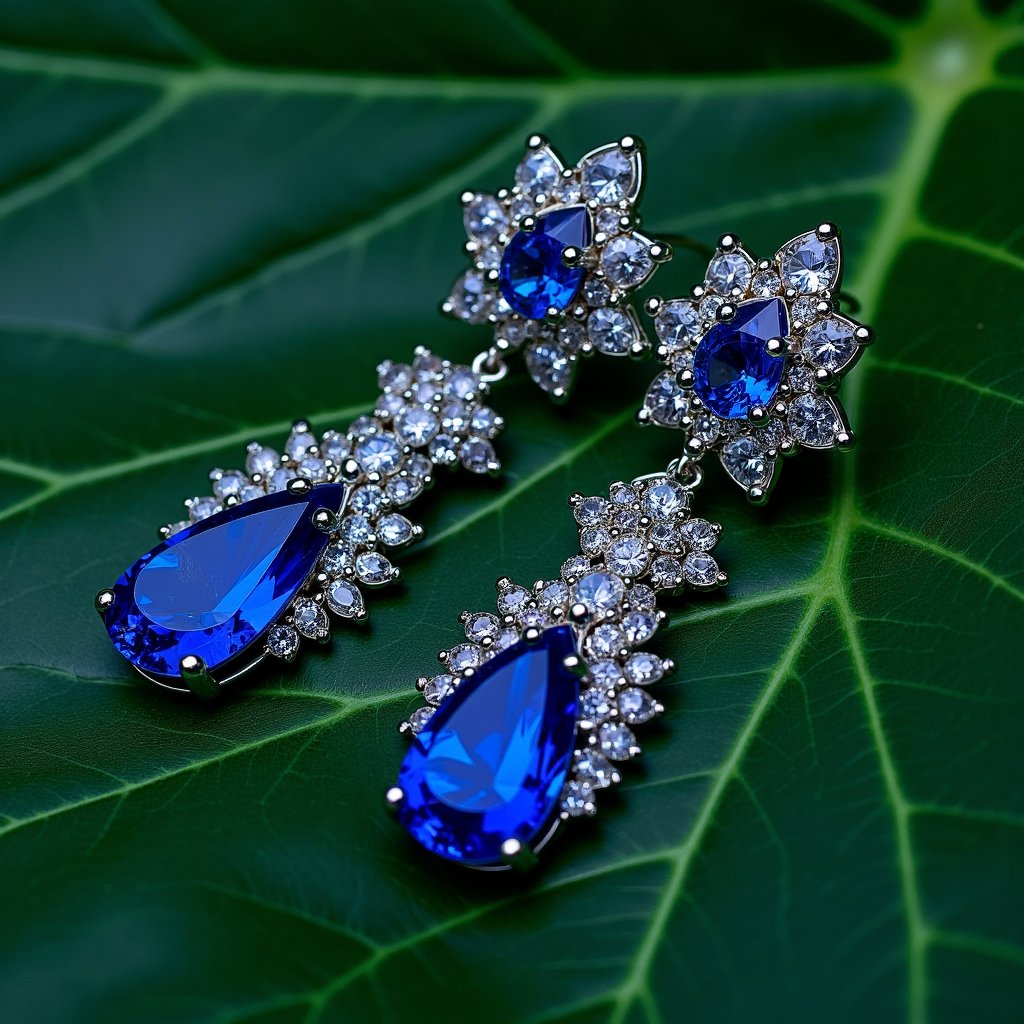 a close up of a pair of earrings on a leaf,sapphire earrings,blue adornements,boucheron style,wearing ornate earrings,rich azure tones,blue jewellery,elaborate earrings,jewel embellishment,ornate jewels,van cleef  and  arpels style,embedded with gemstones,earring design,detailed jewellery,ornate colored gems and crystals,gemstones for eyes,opal statues adorned in jewels,ornate gems,boucheron,award - winning crisp details,silver and sapphire,ornate jewelry,with small studded earings,jewelry photography,ornate and intricate jewelry,earrings. highly detailed,emerald earrings,multiple earrings,large blue diamonds,earrings,adornments,exquisite fine details,van cleef  and  arpels,