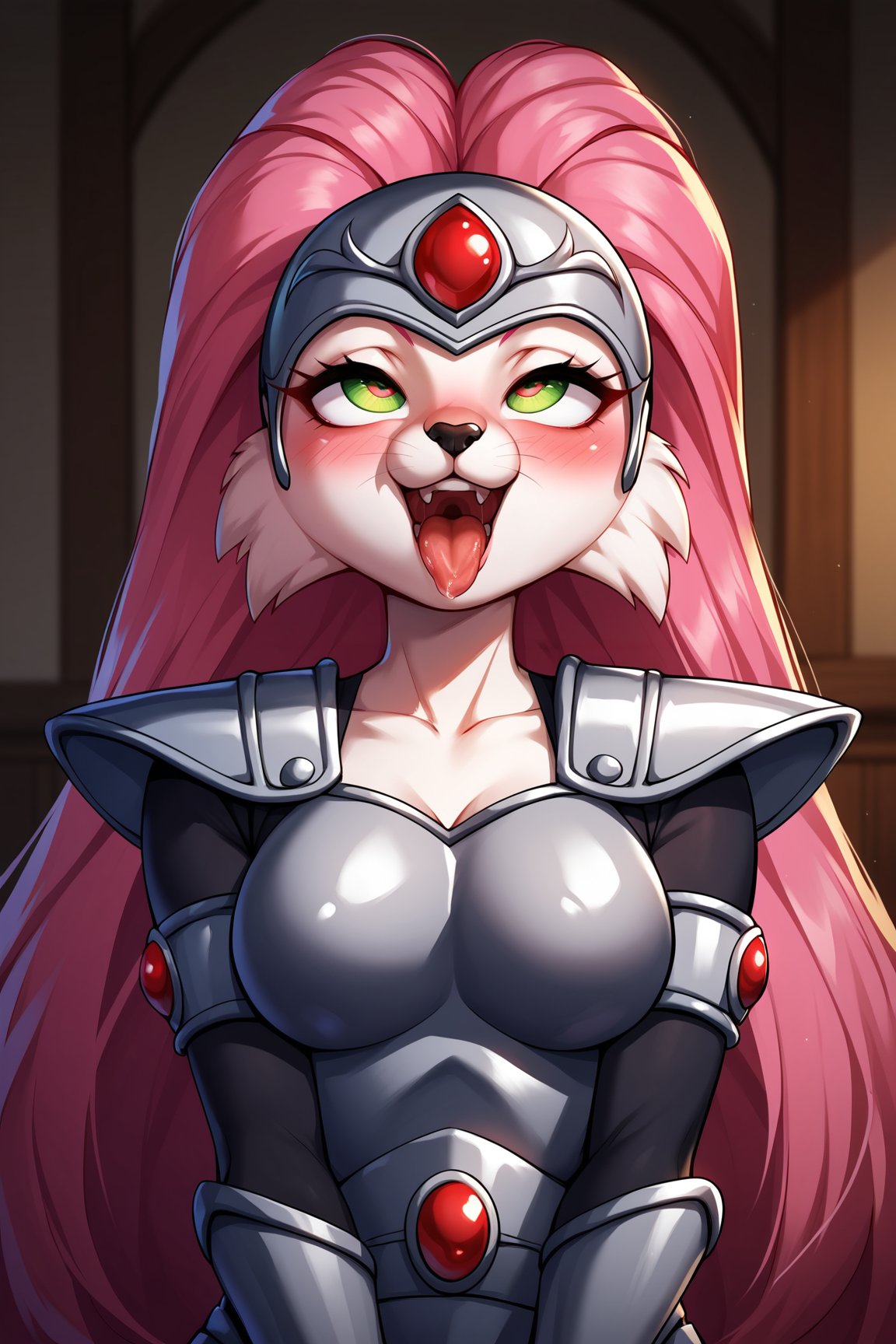 score_9, score_8_up, score_7_up, score_6_up, score_5_up, score_4_up, JennyBOHXL, anthro furry, furry female, white fur, snout, whiskers, green eyes, pink hair, long hair, helmet, forehead jewel, medium breasts, grey armor, red jewel, shoulder armor, black bodysuit, armlet, guantlets, solo, front view, v arms, (portrait, upper body), solo focus, (ahegao), rolling eyes, open mouth, tongue out, naughty face, nose blush, indoors <lora:JennyBOHXL:0.7>