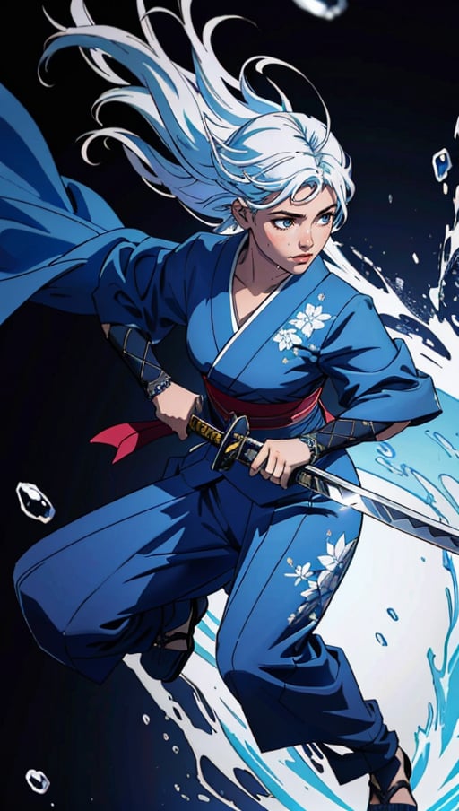 (best quality, masterpiece, colorful, dynamic angle, highest detailed)full body photo, ull body photo epic realistic, (close up), 1girl, floating blue_hair, long hair, (water:0.7), waterdrop, wet, holding_katana, blue_kimono with intricate pattern, ultra detailed, (textured_clothing), black_background,  (intricate details, hyperdetailed:1.15), detailed, light passing through hair, (official art, extreme detailed, highest detailed),