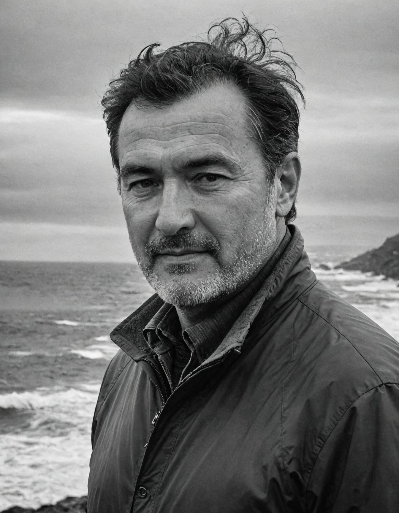 b&w portrait photo of 54 y.o man, coastline, overcast weather, wind, waves, soft lighting, high quality, film grain, Fujifilm XT3