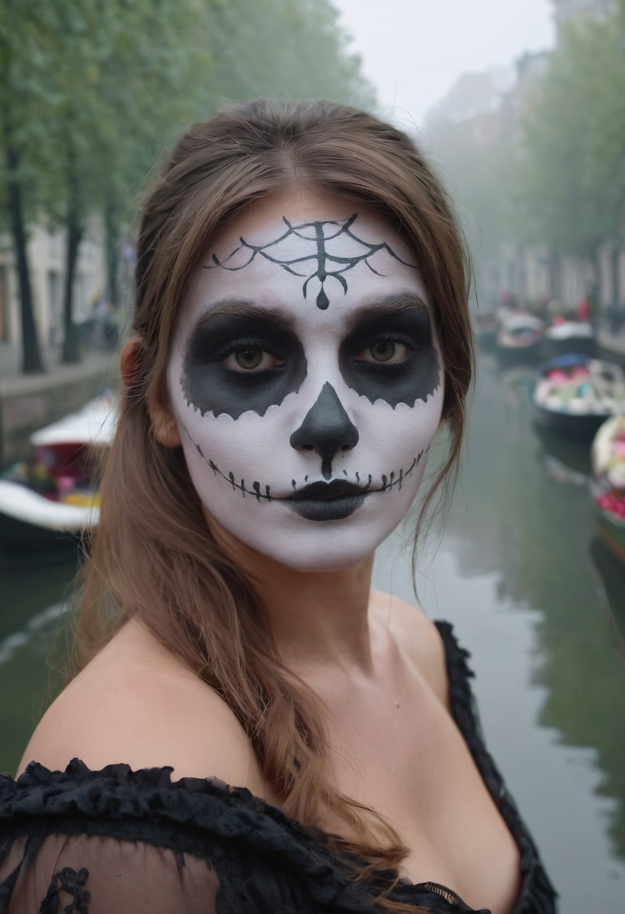 Brown hair female in Catrina Makeup face paint, Foggy Canals in European Cities, Steadicam Walking Through a Forest,depth of field, 