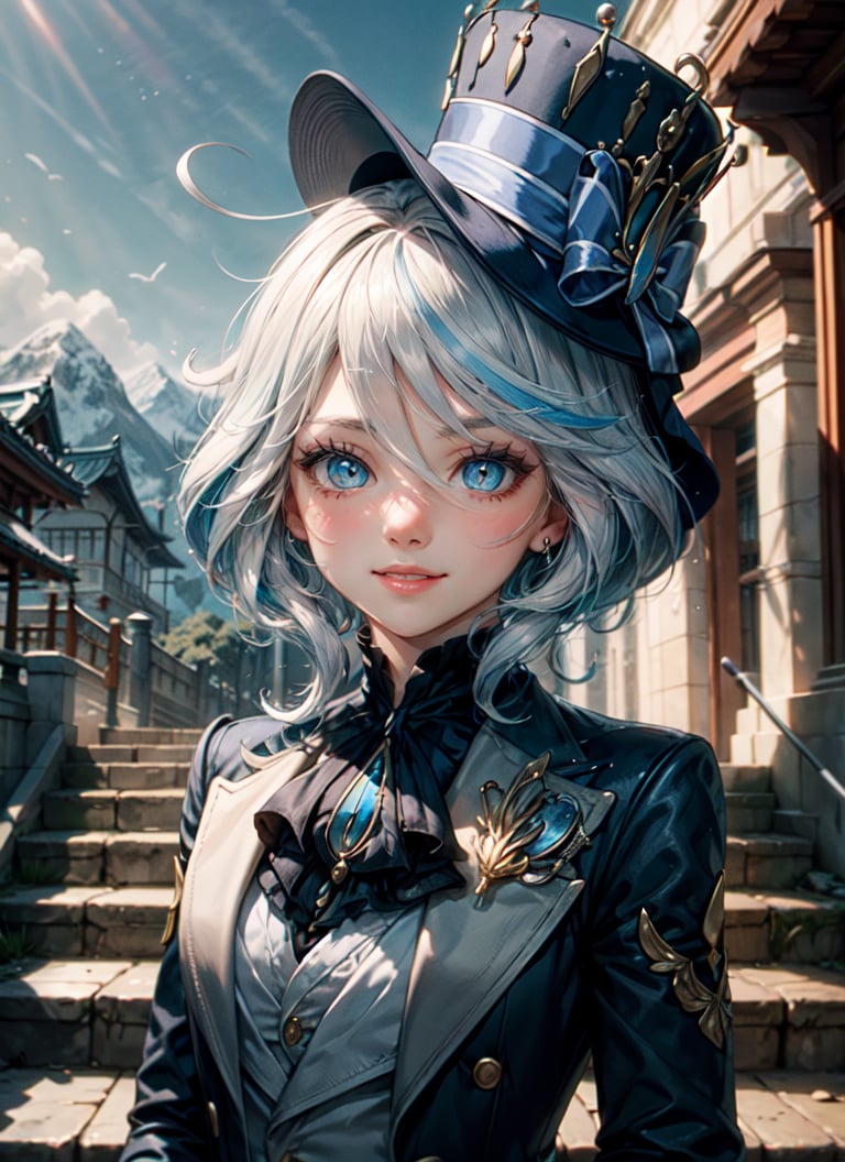 <lyco:furina1-000005:1.0>, furinadef, upper body, smile, blush, outdoors, day, simple background, blue sky, sky, temple, looking at viewer, stairs, mountain, moody lighting, facing viewer, <lora:add_detail:0.7>,