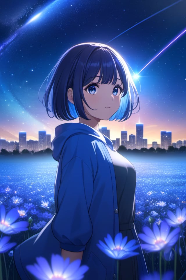 anime girl, night, blue light behind her,  ((Galaxy, Lens flare)), short hair, flower field, night sky, cinematic shot. Wallpaper. (Blue color schema), detailed background, a city in the distance